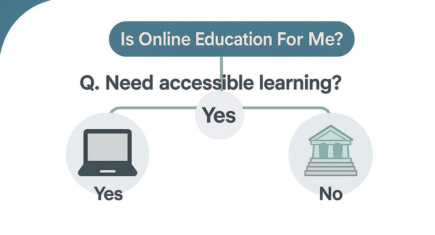 Infographic decision tree asking if a user needs accessible learning, with options for online or traditional university.