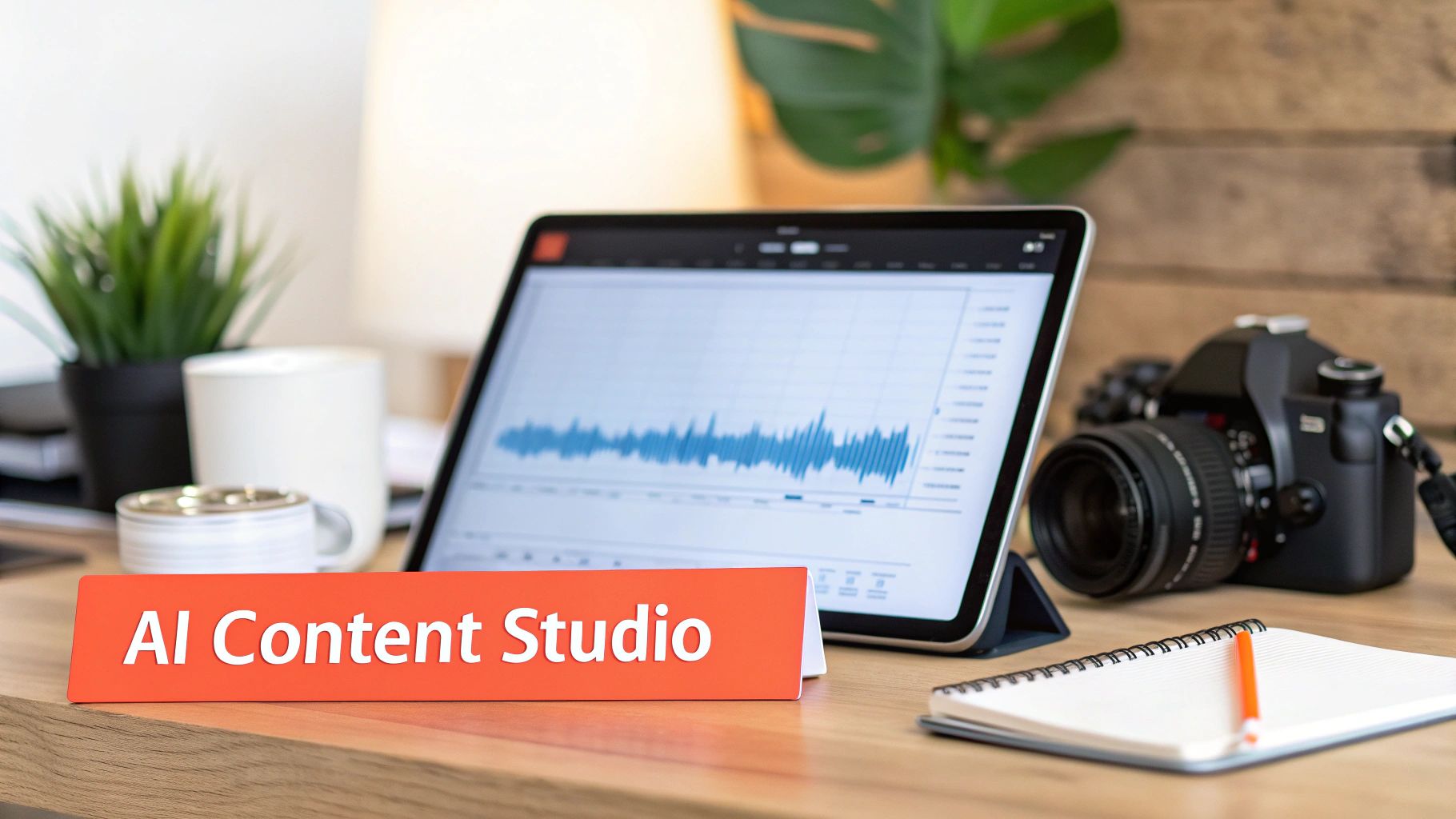 A creative workspace featuring an 'AI Content Studio' sign, a tablet with analytics, a camera, and a notebook.