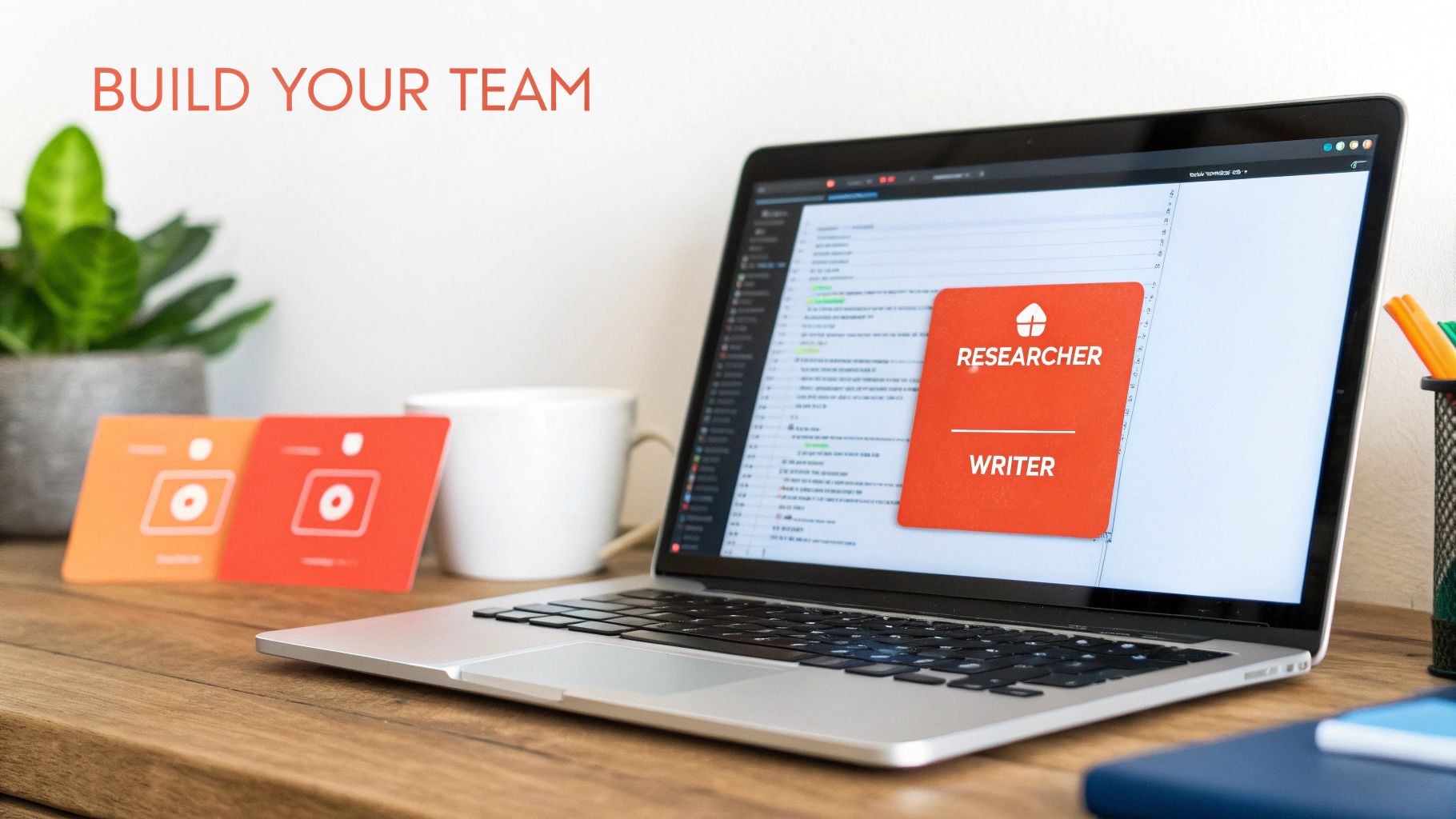 A desk setup with a laptop displaying 'RESEARCHER' and 'WRITER' cards, next to 'BUILD YOUR TEAM' text.