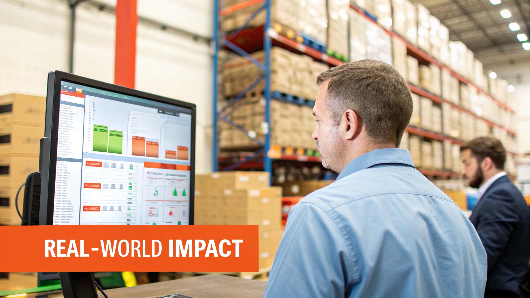 Two men in a warehouse, one monitors logistics data on a computer screen.