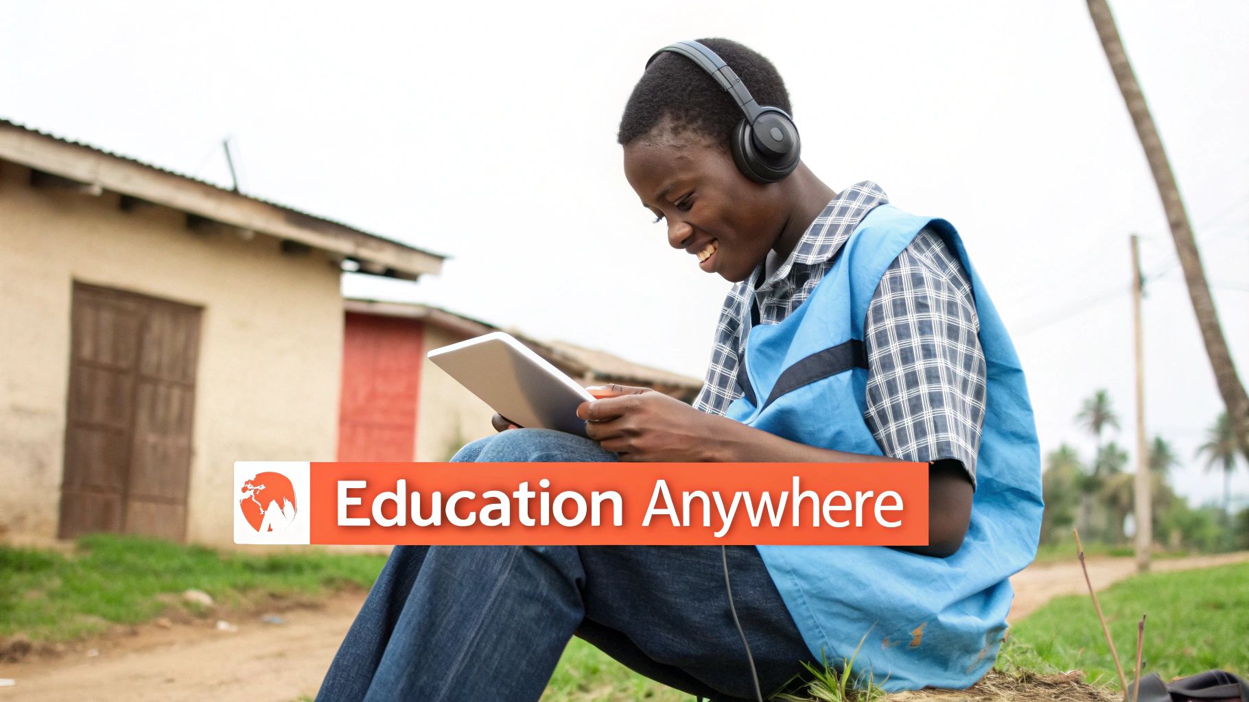 A young Nigerian woman smiling as she studies on her laptop in a comfortable home setting.