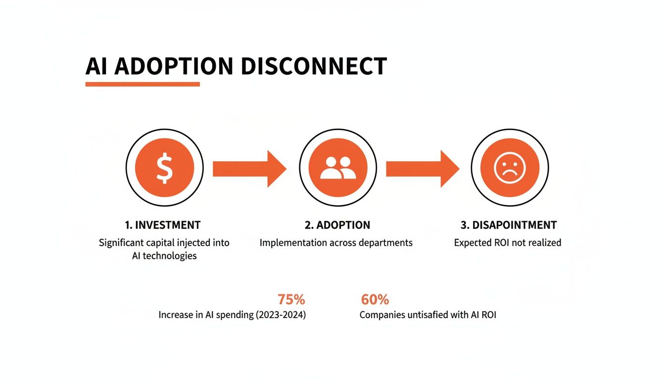 Infographic showing the AI adoption disconnect: investment, adoption, and subsequent disappointment with ROI.