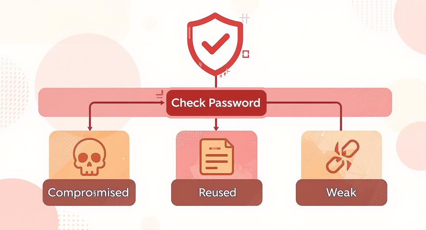 An infographic decision tree showing password risks like compromised, reused, or weak credentials.