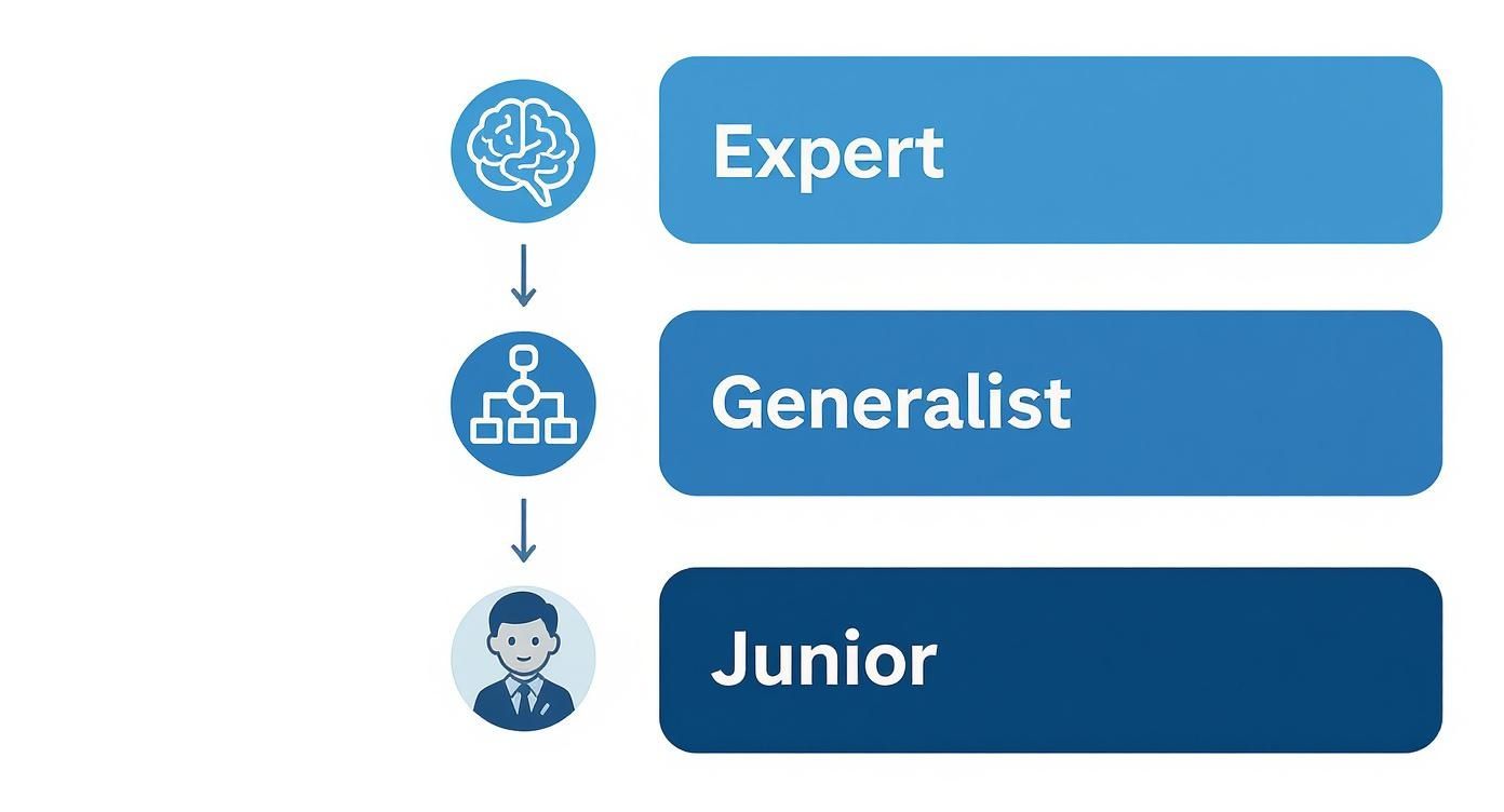 Infographic showing the hierarchy of expertise from Junior to Generalist to Expert, using icons for each level.