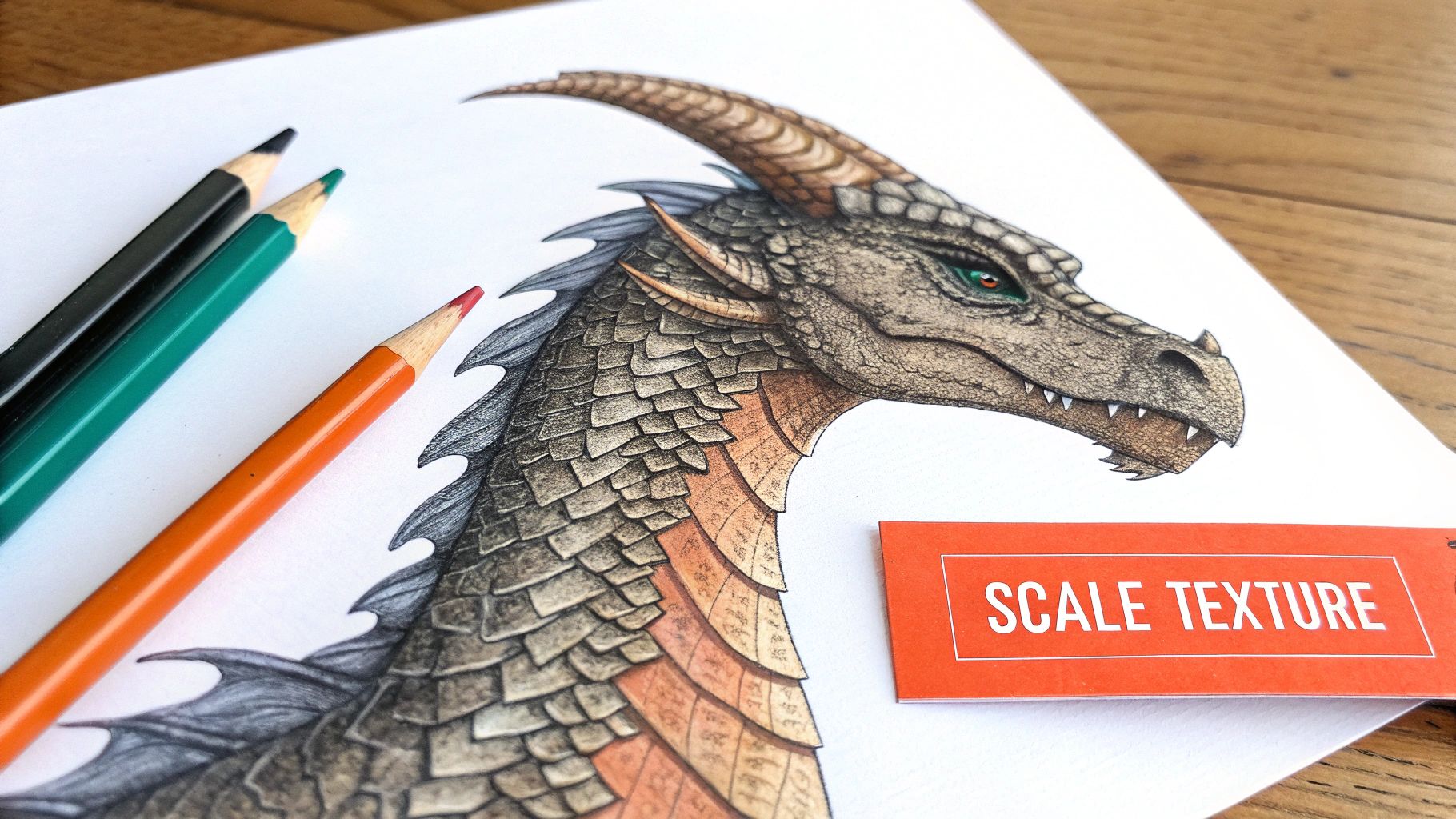 A detailed close-up of a dragon's head, showing intricate scales, horns, and expressive eyes.