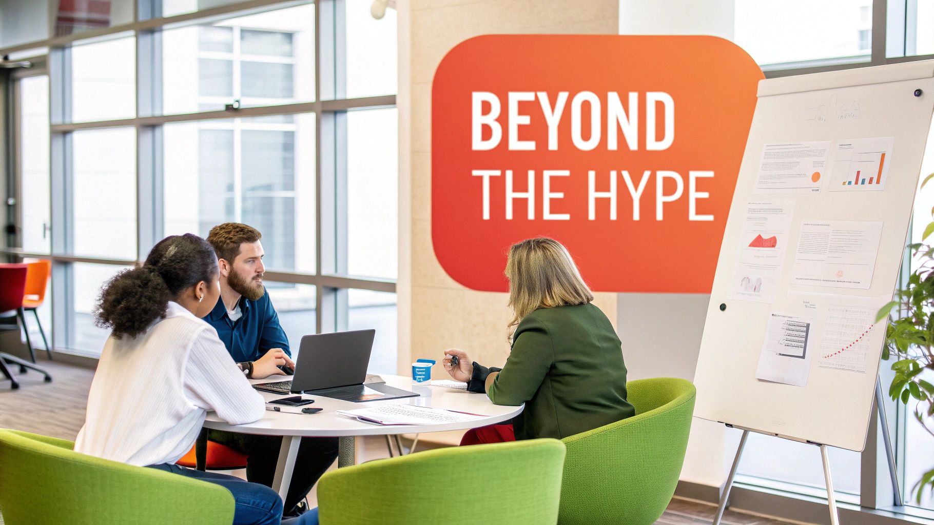 Three diverse colleagues collaborate in a modern office meeting with a 'Beyond the Hype' sign.