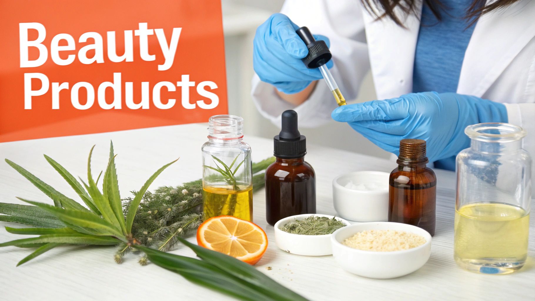 A collection of locally made beauty products including soaps, creams, and oils, highlighting natural ingredients.