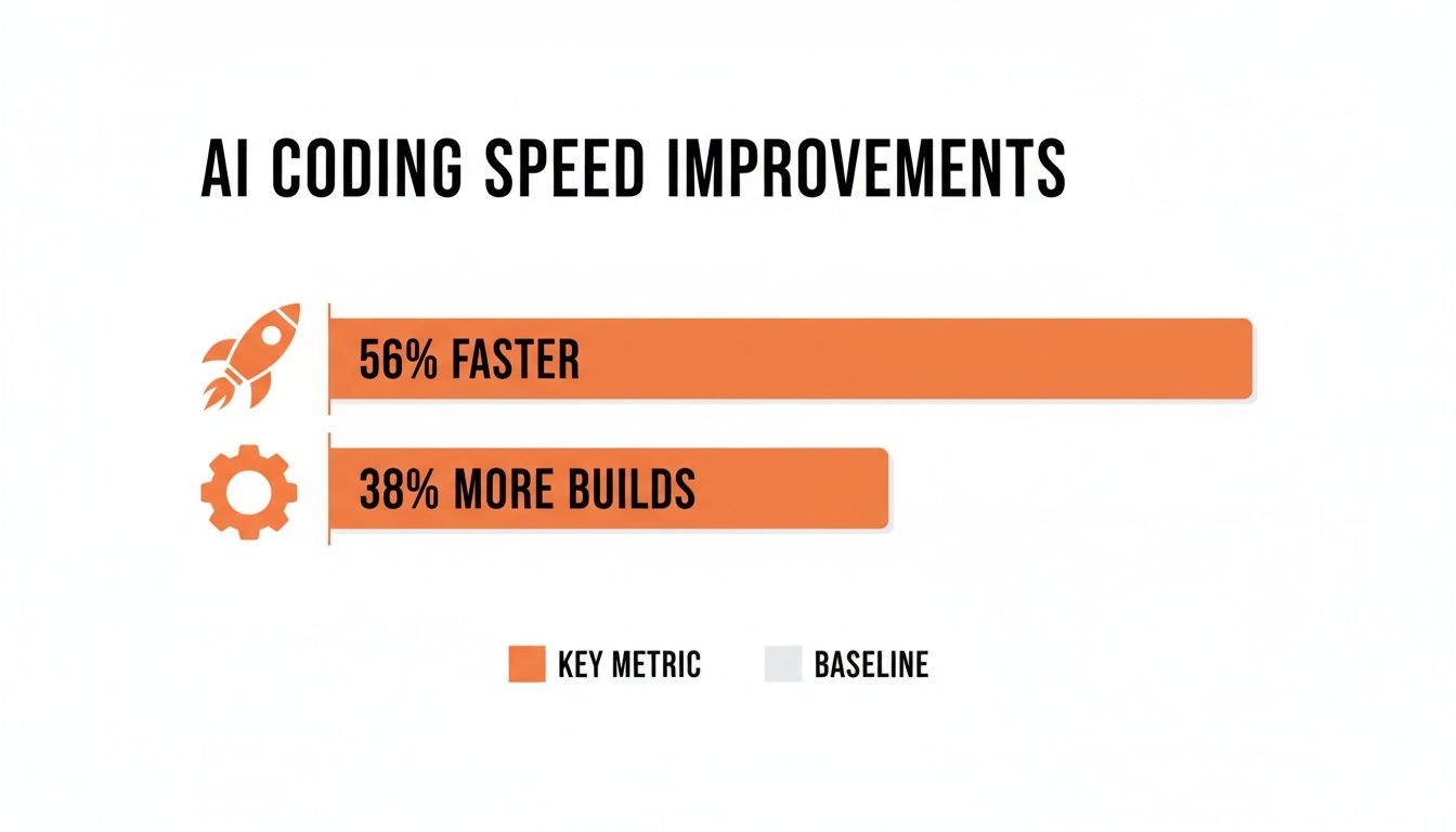 Bar chart illustrating AI coding speed improvements: 56% faster and 38% more builds.
