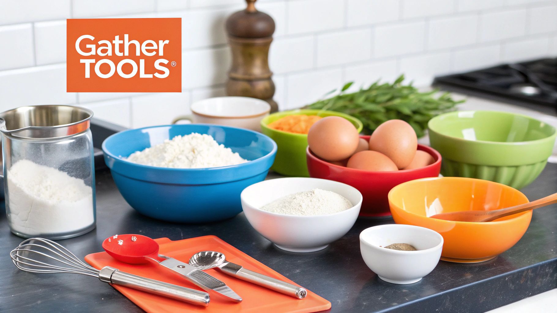 A collection of baking ingredients like flour, sugar, and eggs neatly arranged on a wooden surface.
