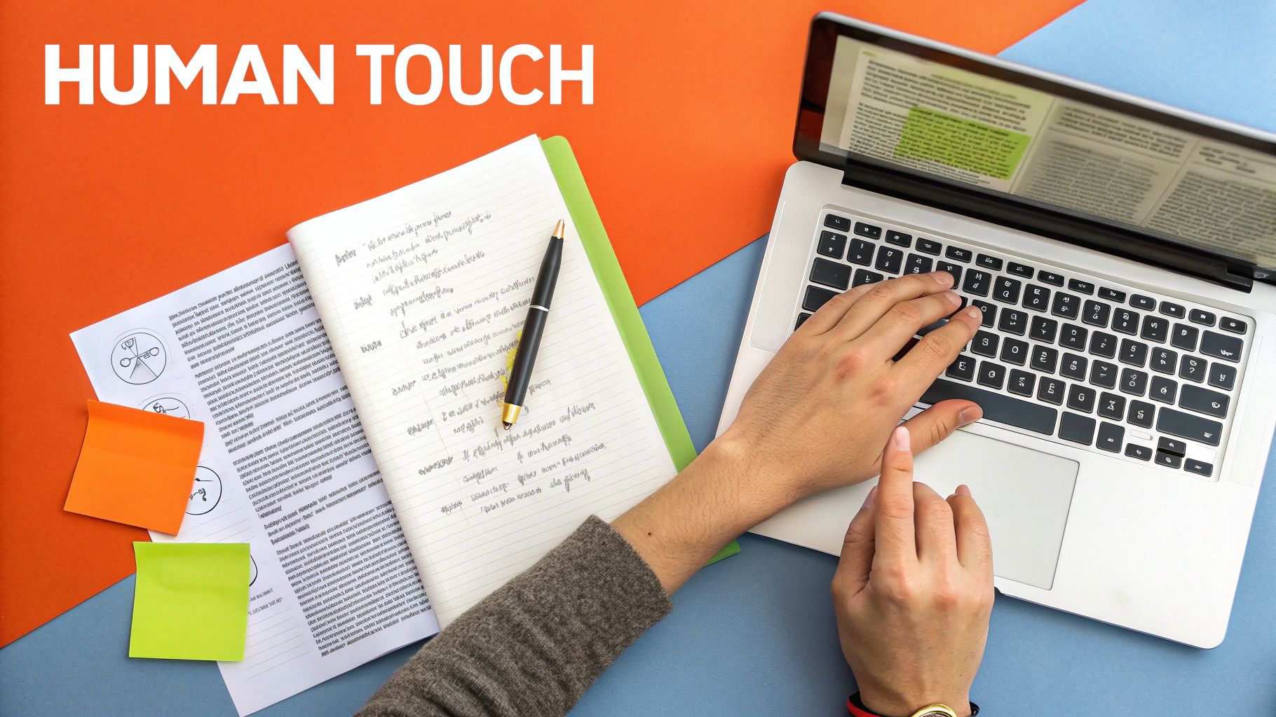Overhead view of hands typing on a laptop, with a notebook and pen nearby, symbolizing human touch.