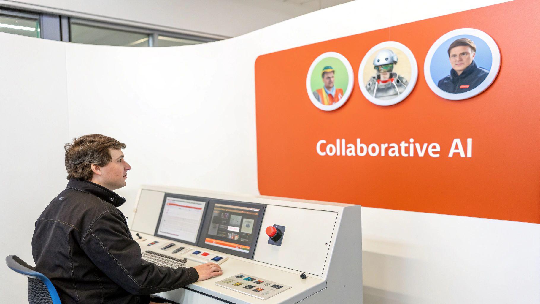 Man at control panel views 'Collaborative AI' display featuring profiles of a worker, robot, and engineer.