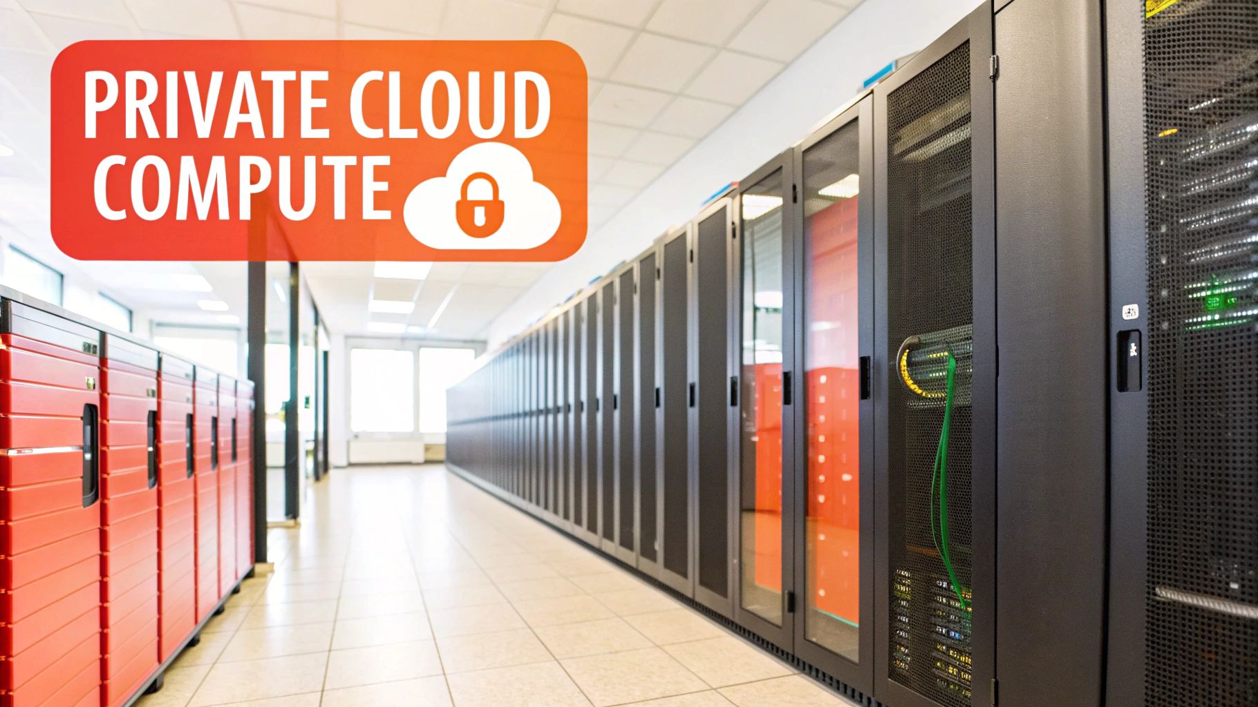 A data center with rows of server racks, featuring a 'Private Cloud Compute' graphic overlay.