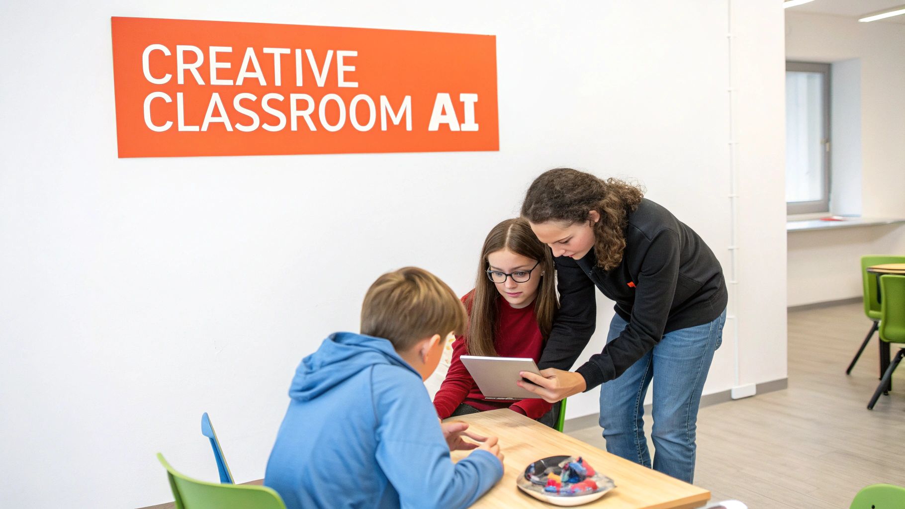 Three students collaboratively learning with a tablet in an AI-themed creative classroom setting.