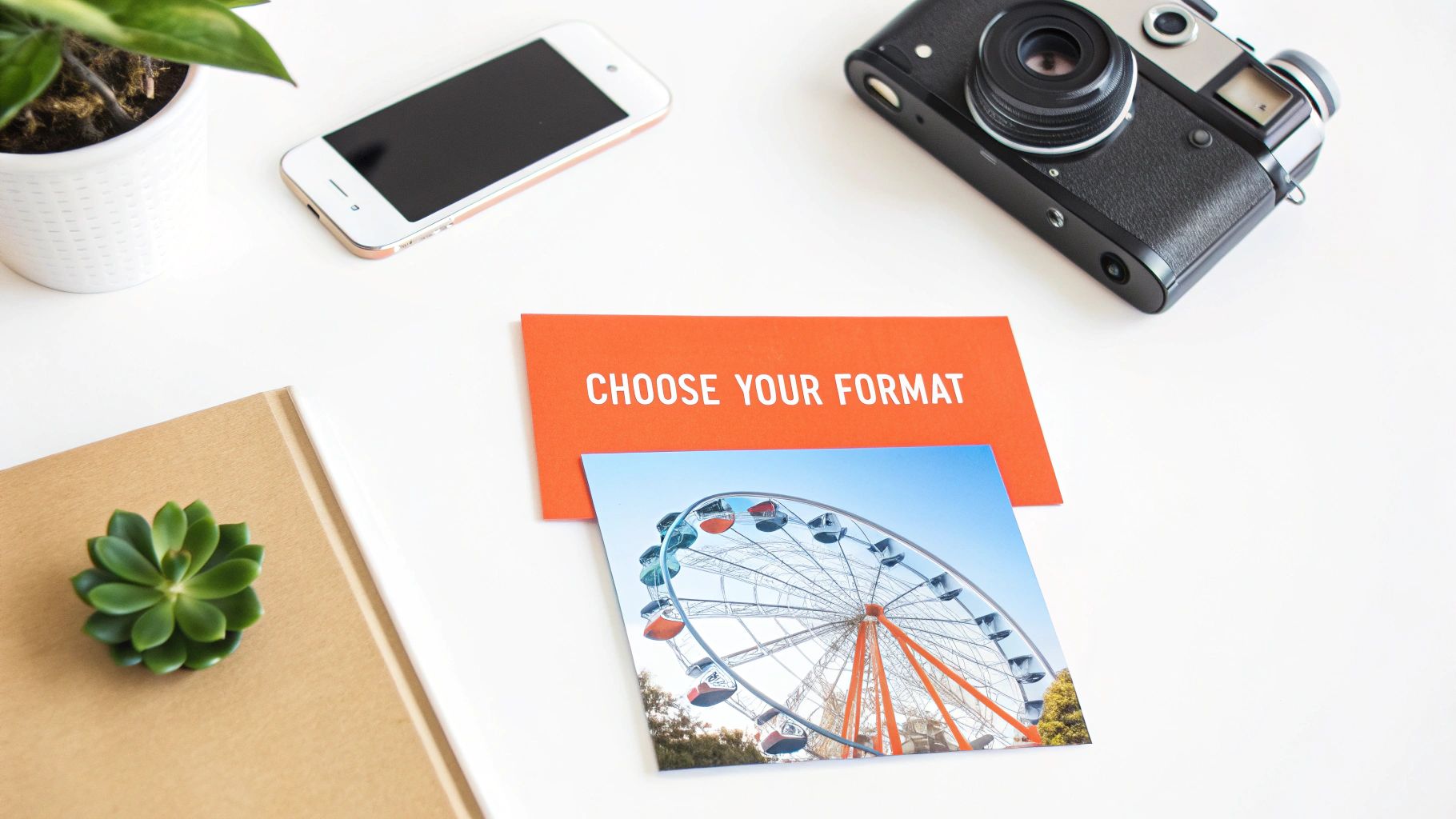 A flat lay of various content formats like a phone showing a Reel, printed photos, and a tablet displaying a live stream.