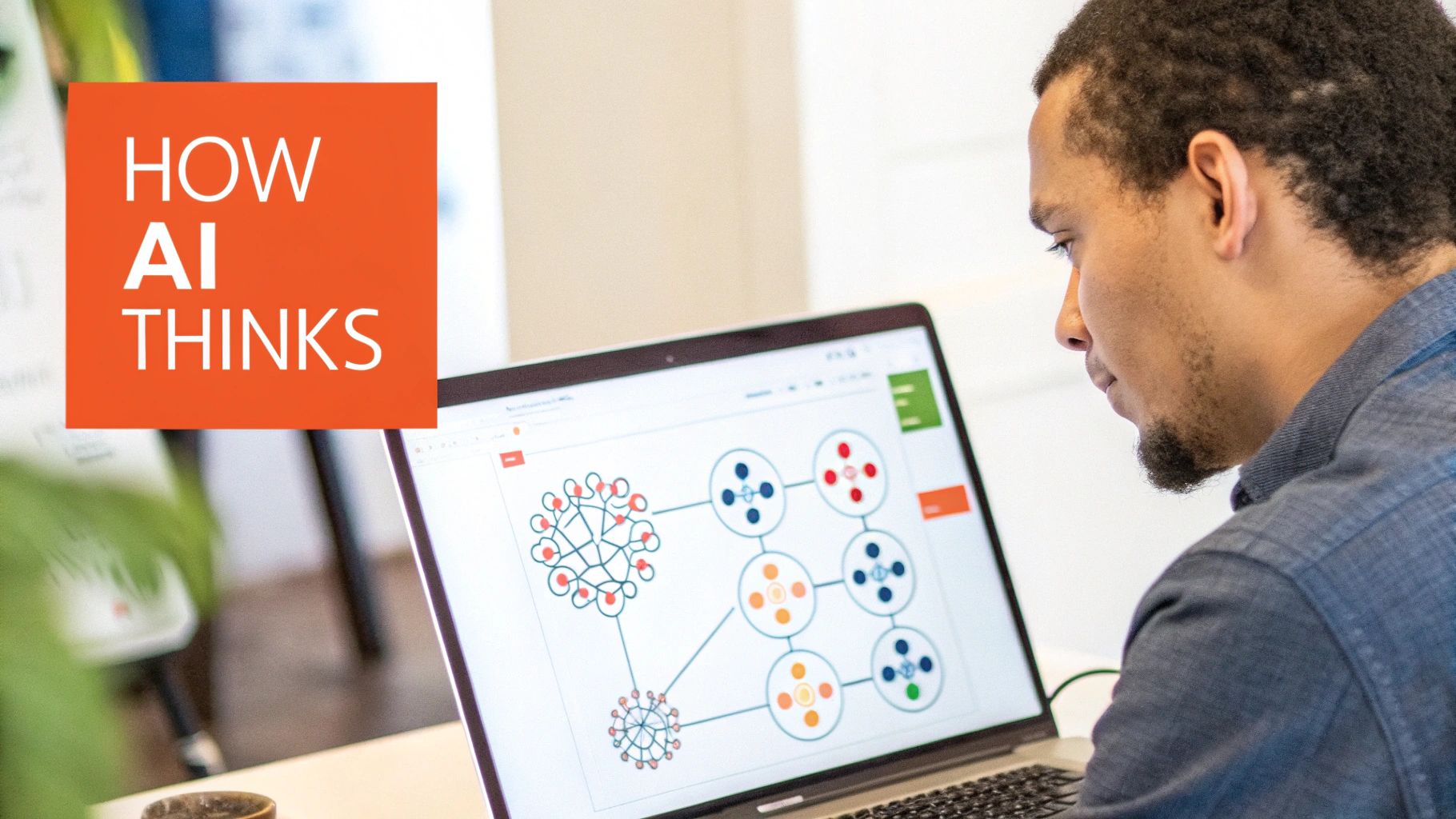 A man observes a laptop displaying a neural network diagram, with 'HOW AI THINKS' text.