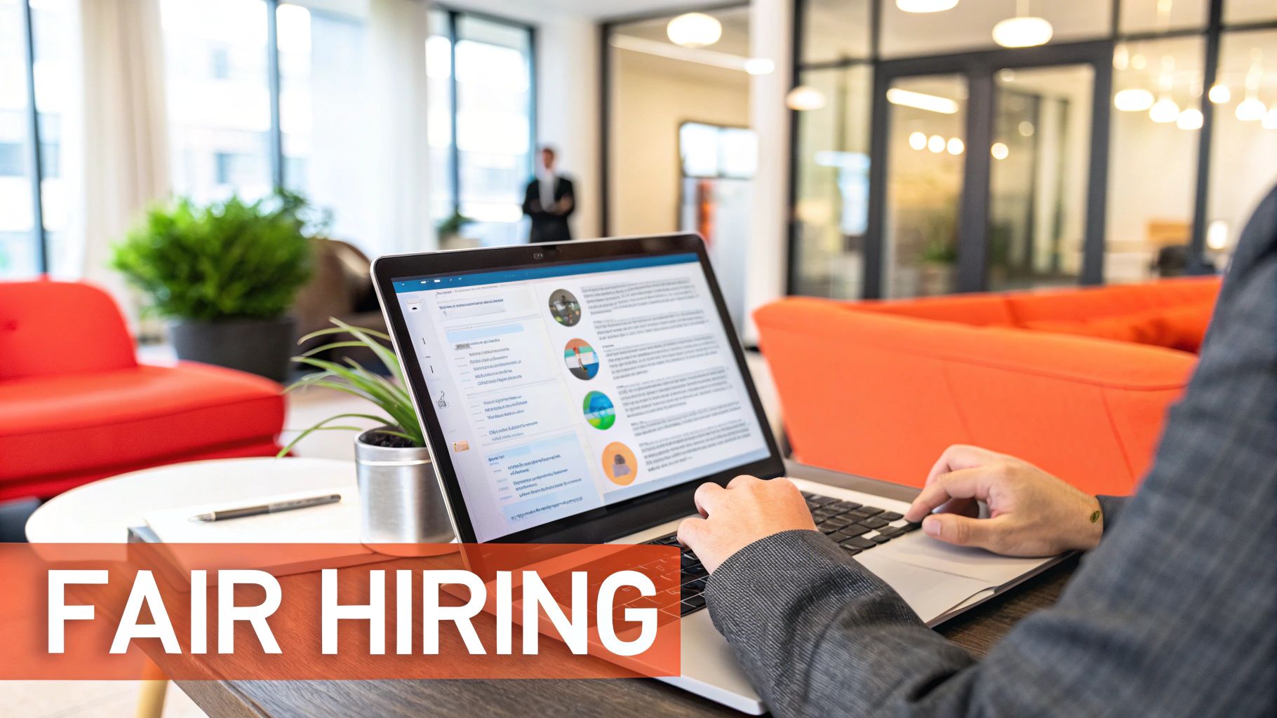 A diverse team of professionals in a modern office collaborating around a computer, symbolising the integration of AI into career decisions.