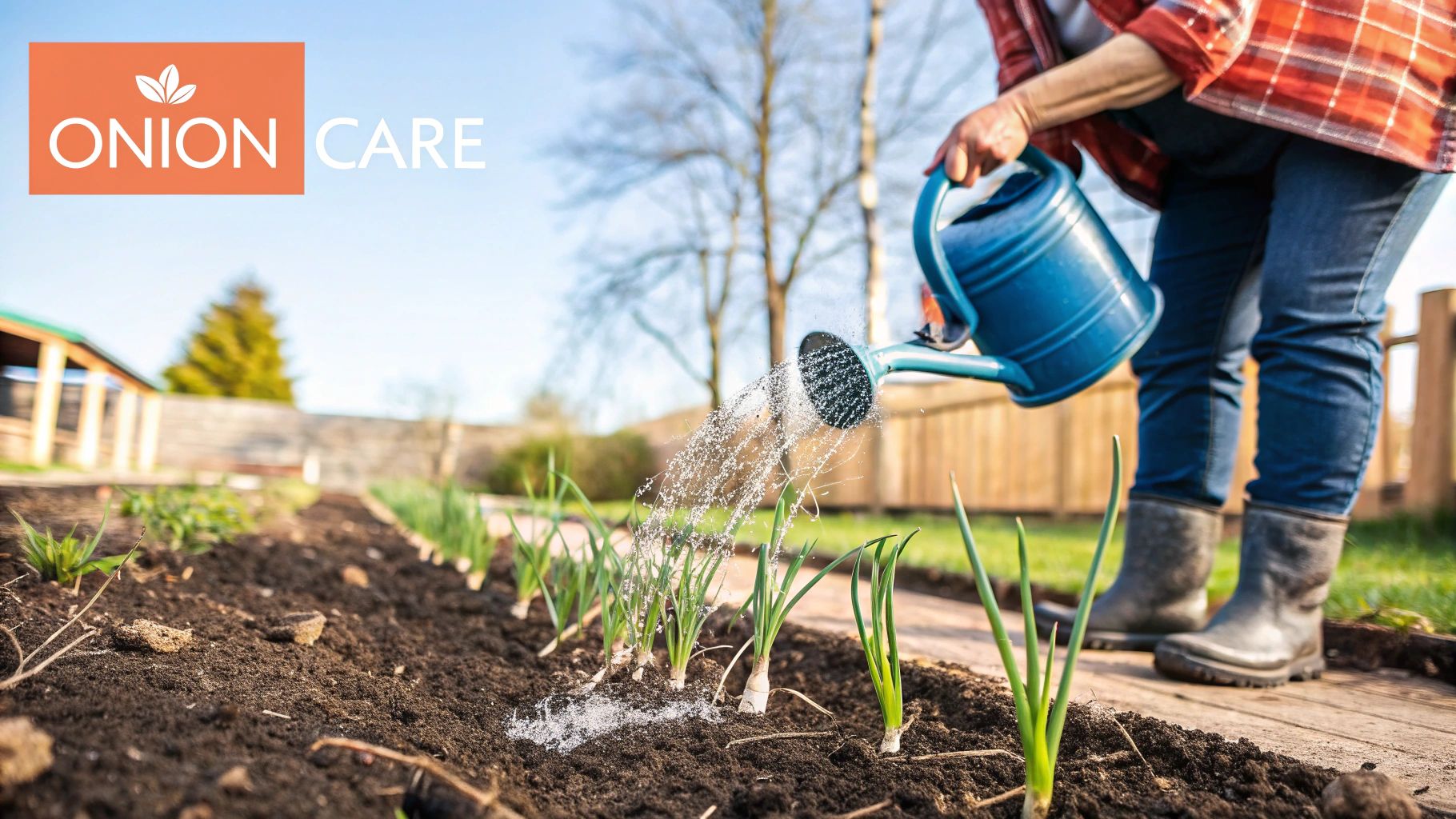 Two hands gently tending to young onion shoots in rich, dark soil.