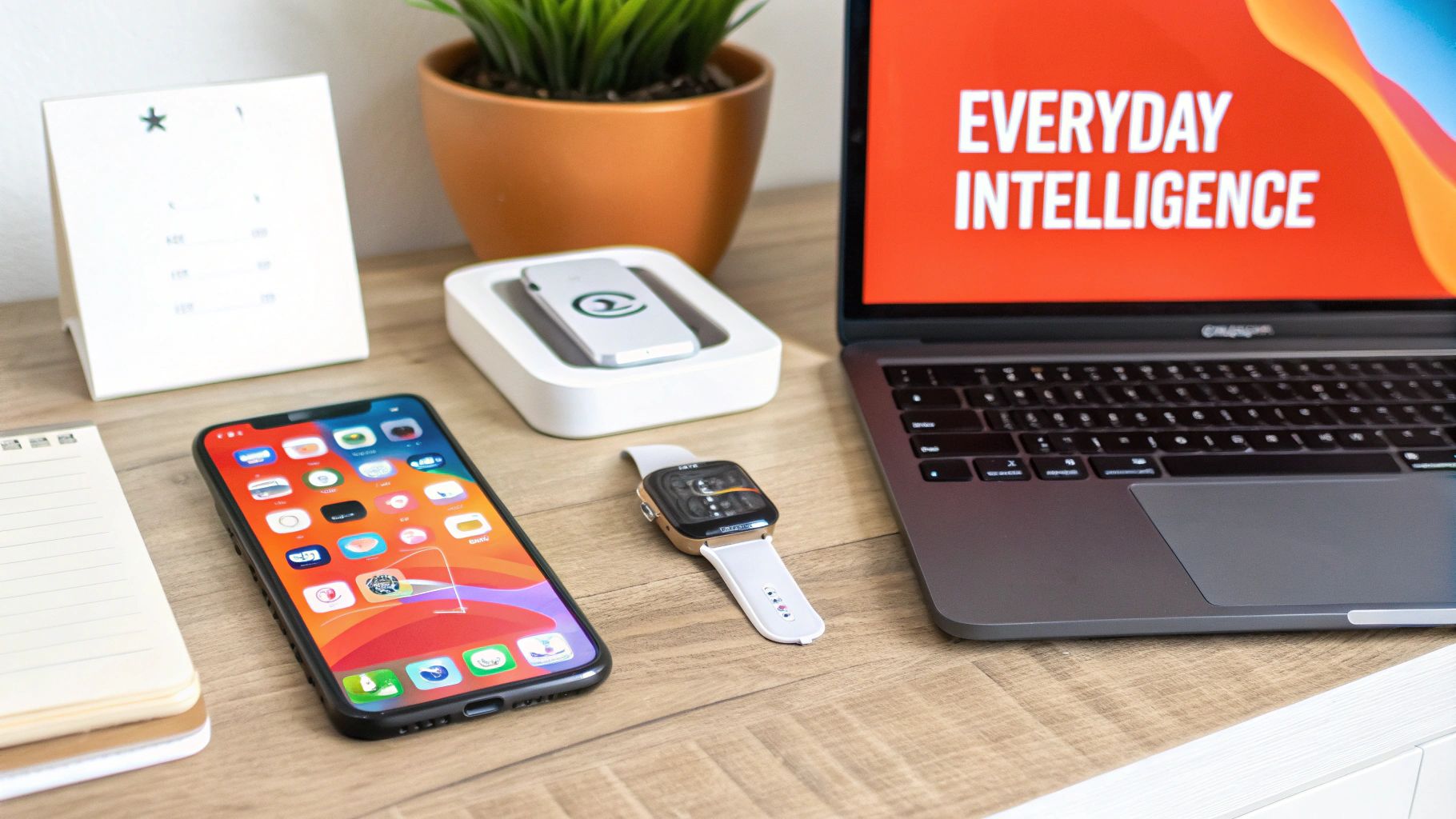 A modern workspace featuring an iPhone, Apple Watch, and MacBook on a wooden desk.