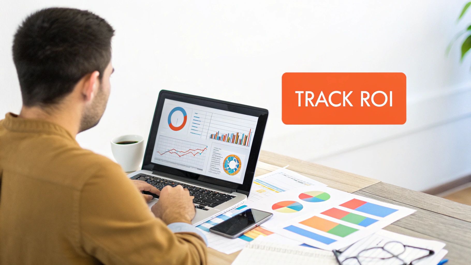 A person pointing at a screen with charts and graphs, representing ROI analysis.