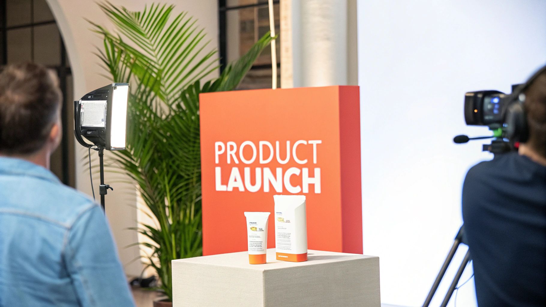 A person typing on a laptop with a lightbulb icon, symbolising a new product idea and its launch press release.