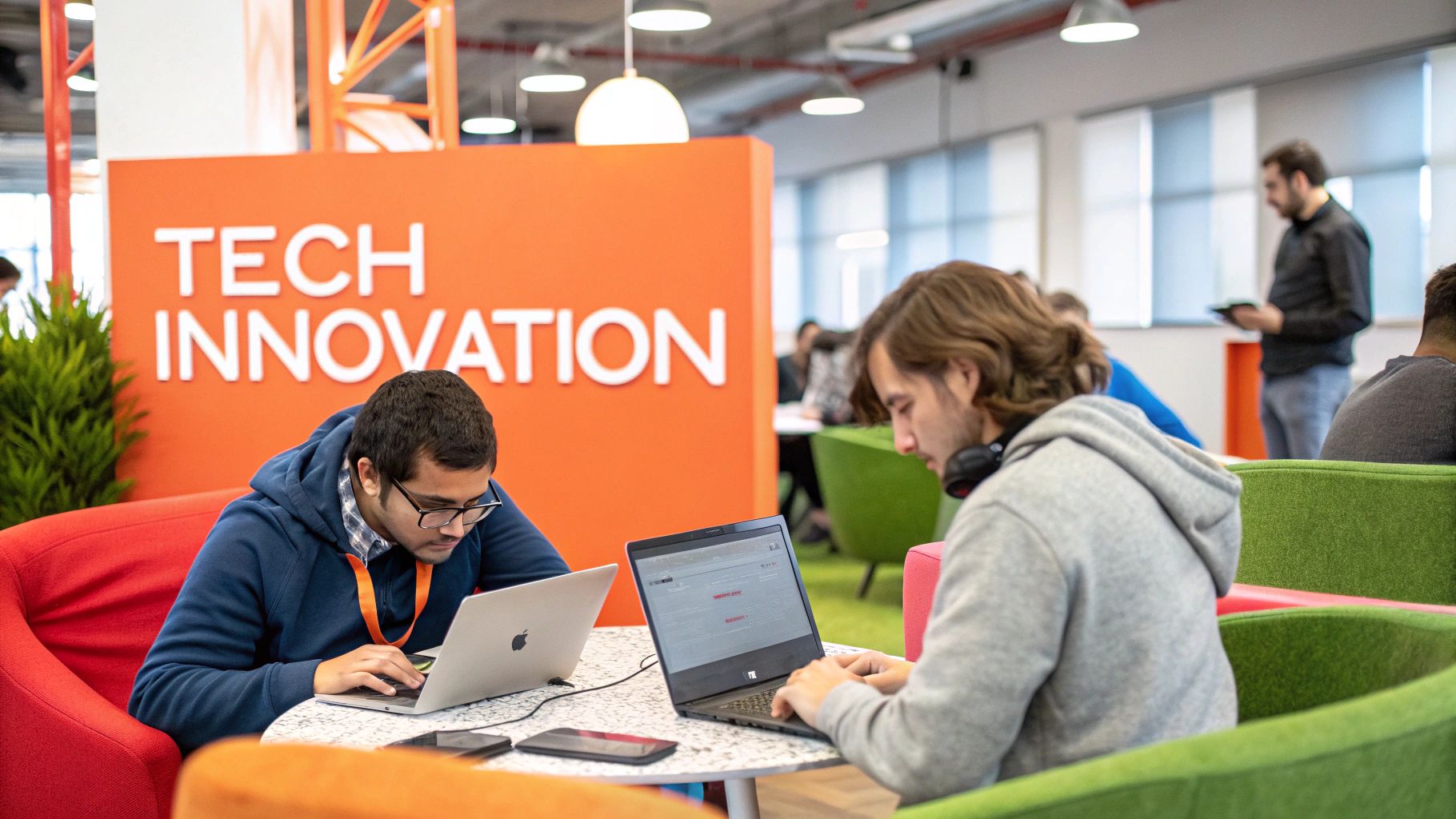 A team of software developers collaborating on a project in a modern office, representing Nigeria's booming tech industry.