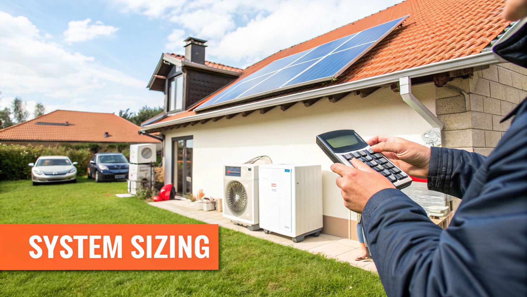 A person using a calculator and notepad to plan their home energy needs, with a solar panel visible outside a window.
