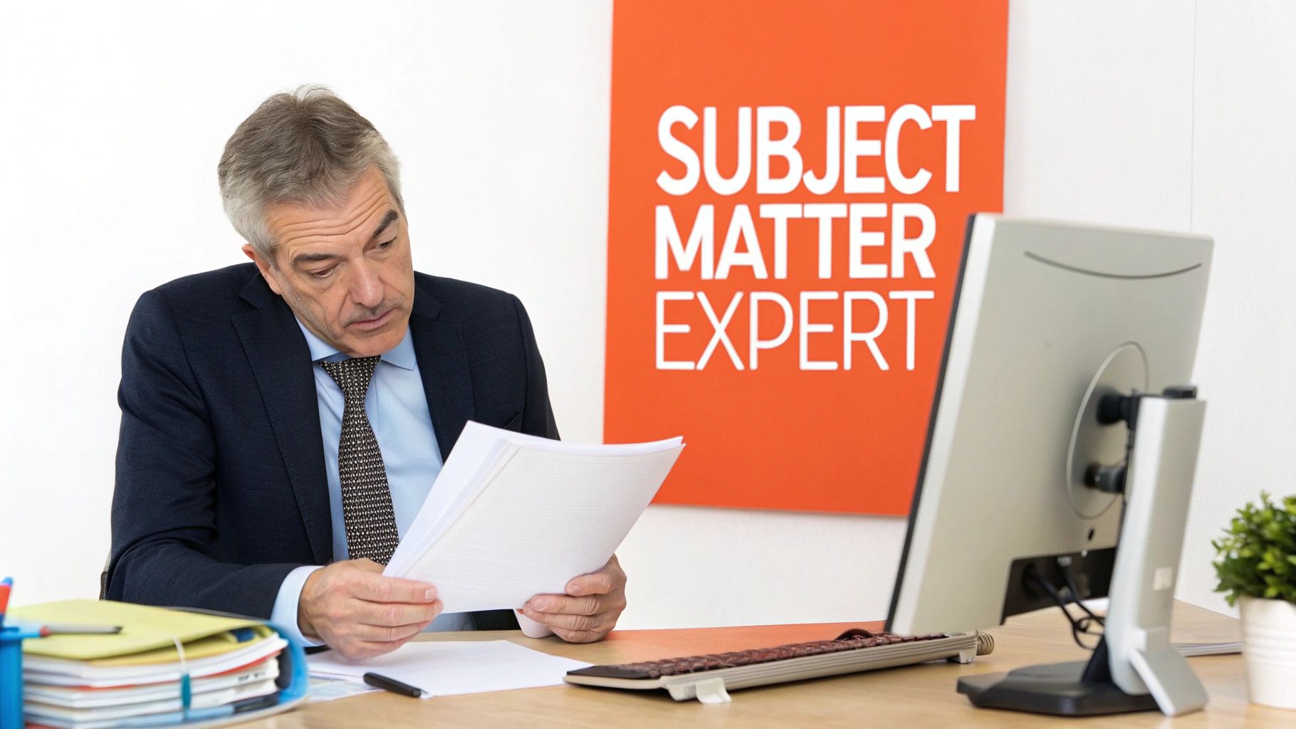 A group of professionals collaborating around a table, with one person clearly leading and pointing at a chart, representing an SME guiding a project.