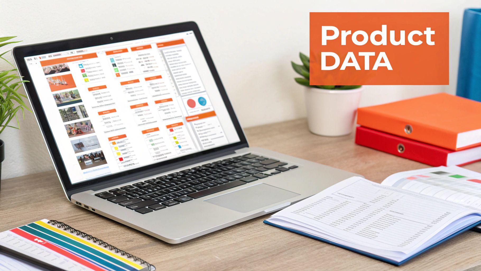 A laptop displaying product data dashboards on a desk with binders and an open book.