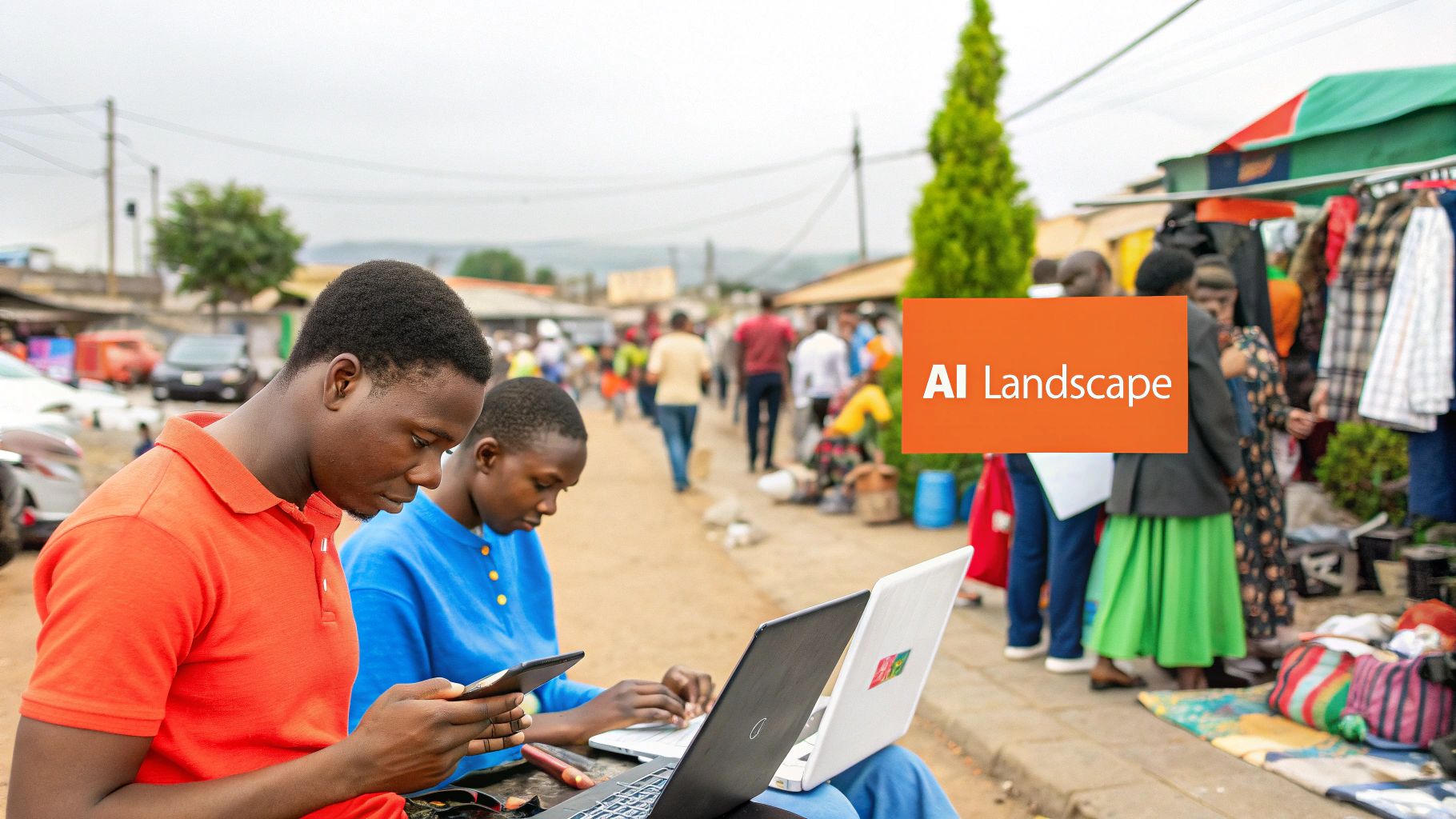 A modern office in Lagos with diverse professionals collaborating around a screen displaying AI analytics.