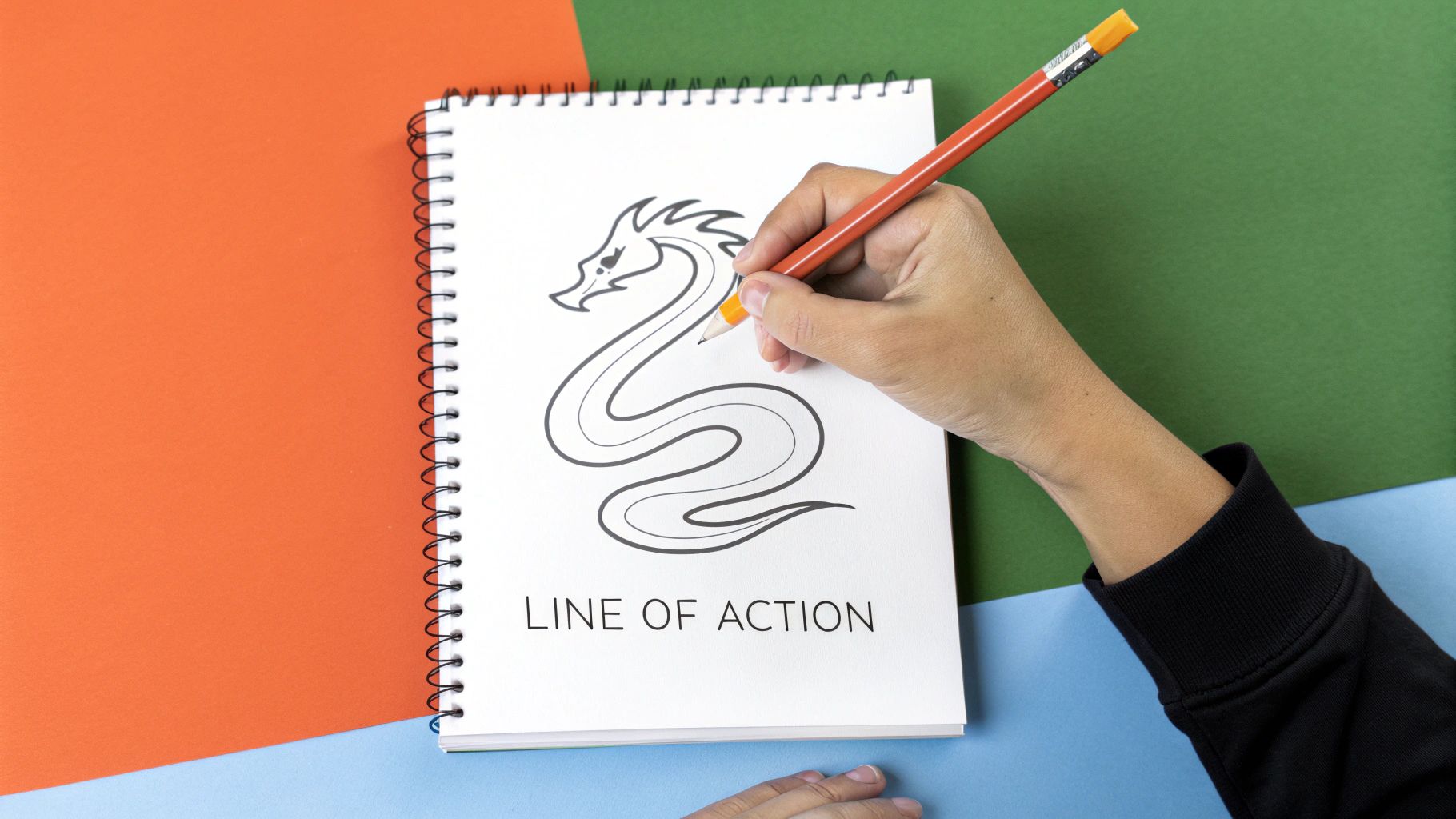 A sketch showing several curved lines of action, with simple dragon forms built around them to show dynamic poses.