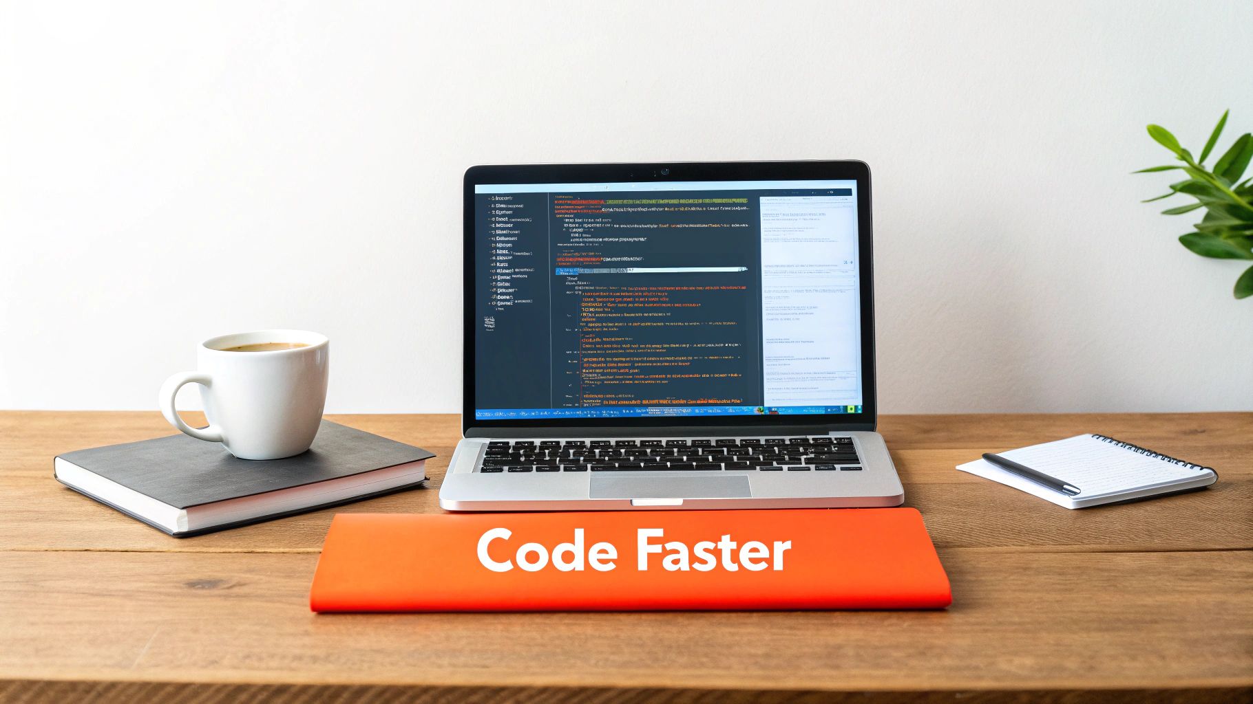A programmer's desk with a laptop displaying code, coffee, notebooks, and a 'Code Faster' book.