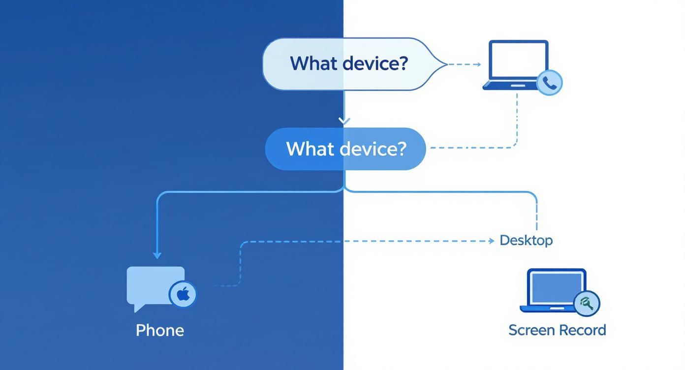 Infographic decision tree showing how to save a video from Instagram based on whether you're using a phone or desktop.