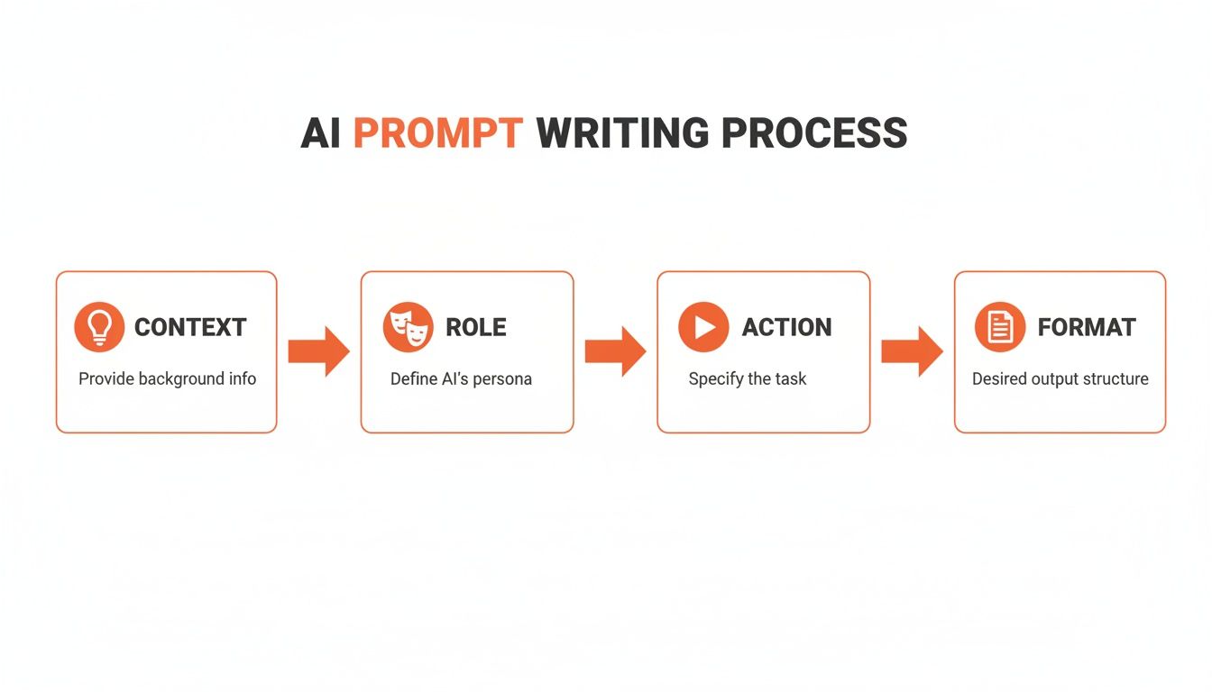 A flowchart illustrates the AI prompt writing process with four steps: Context, Role, Action, and Format.