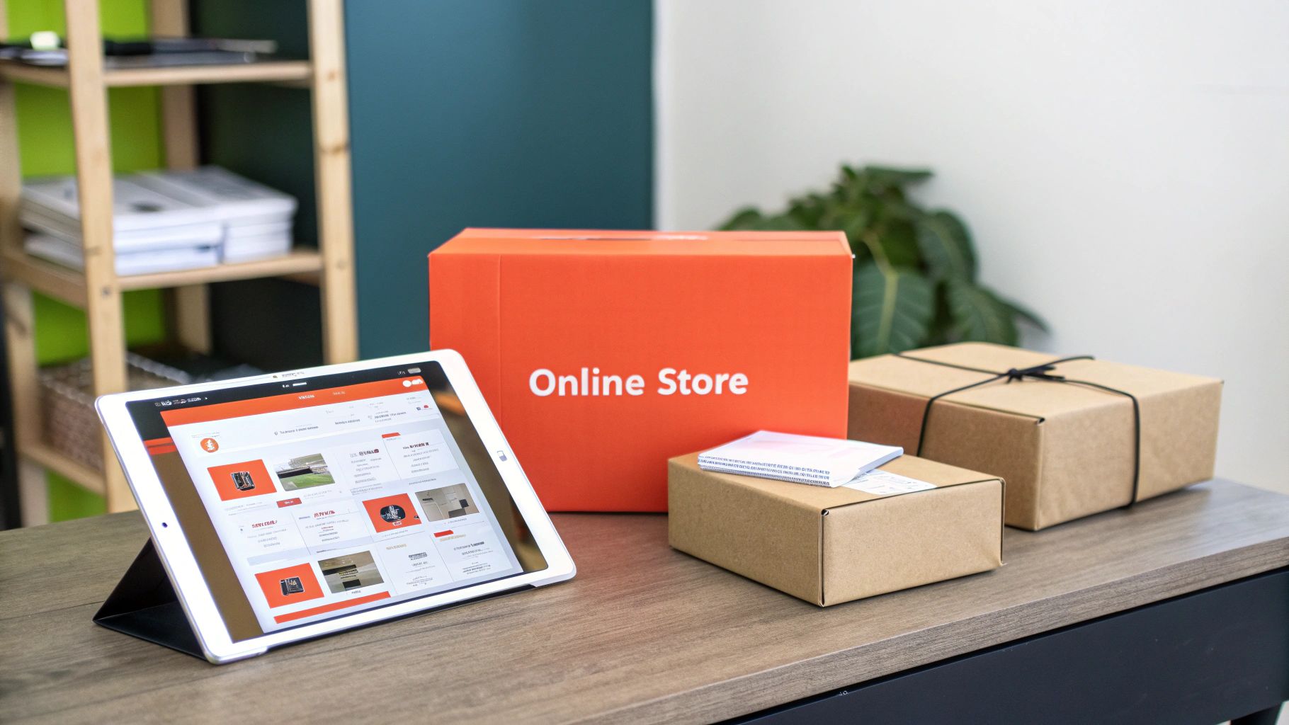 A woman surrounded by packages, managing her e-commerce business online.