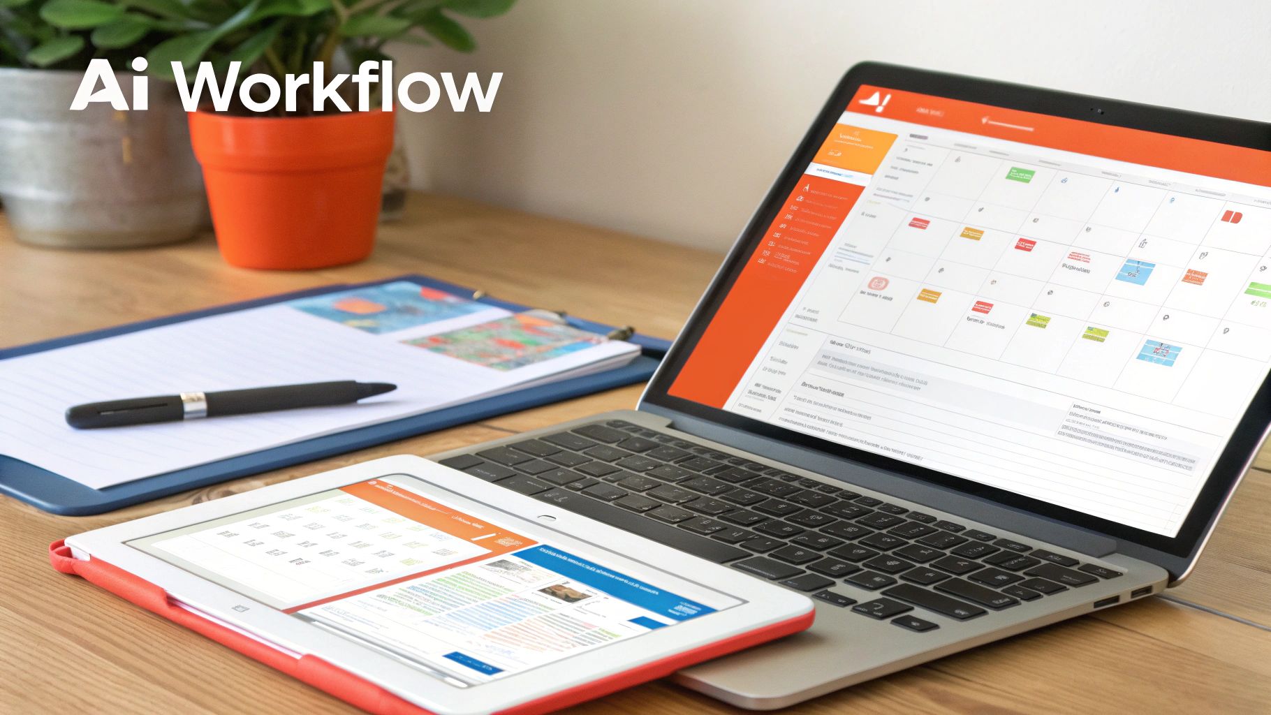 A modern digital workspace featuring a laptop and tablet displaying an AI workflow interface for enhanced productivity.