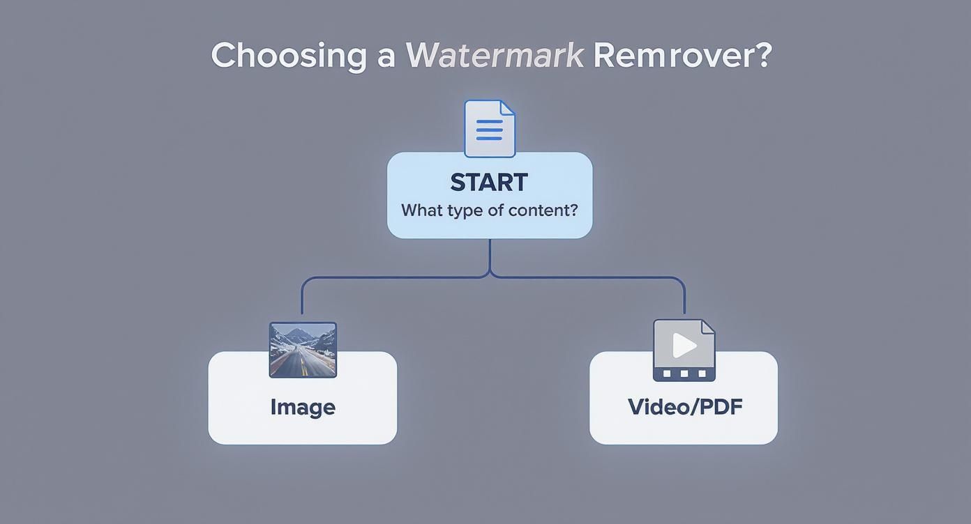 Infographic decision tree showing how to choose a watermark removal tool based on content type.
