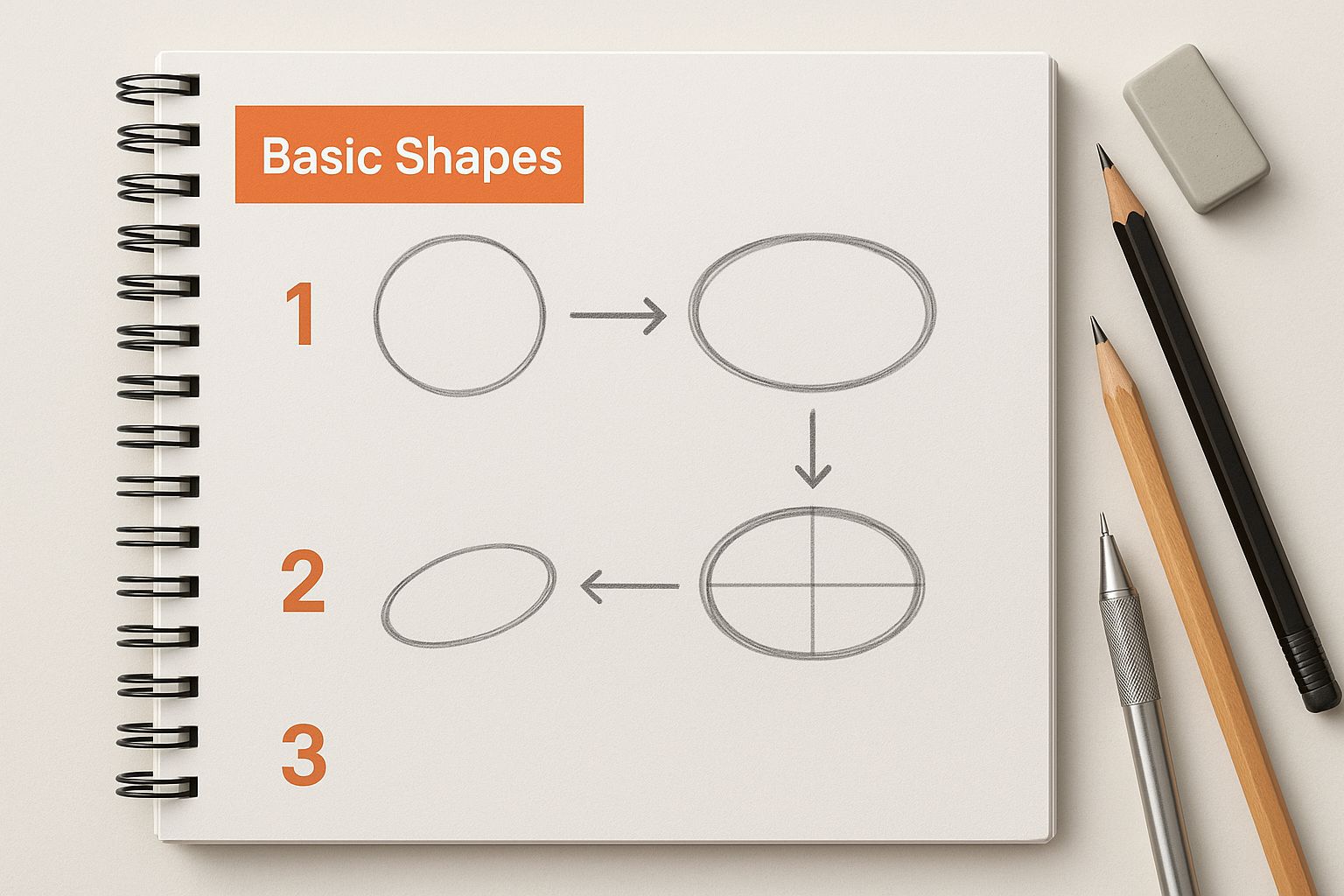An open sketchbook on a desk shows a dragon being constructed from circles and ovals, with pencils scattered nearby.
