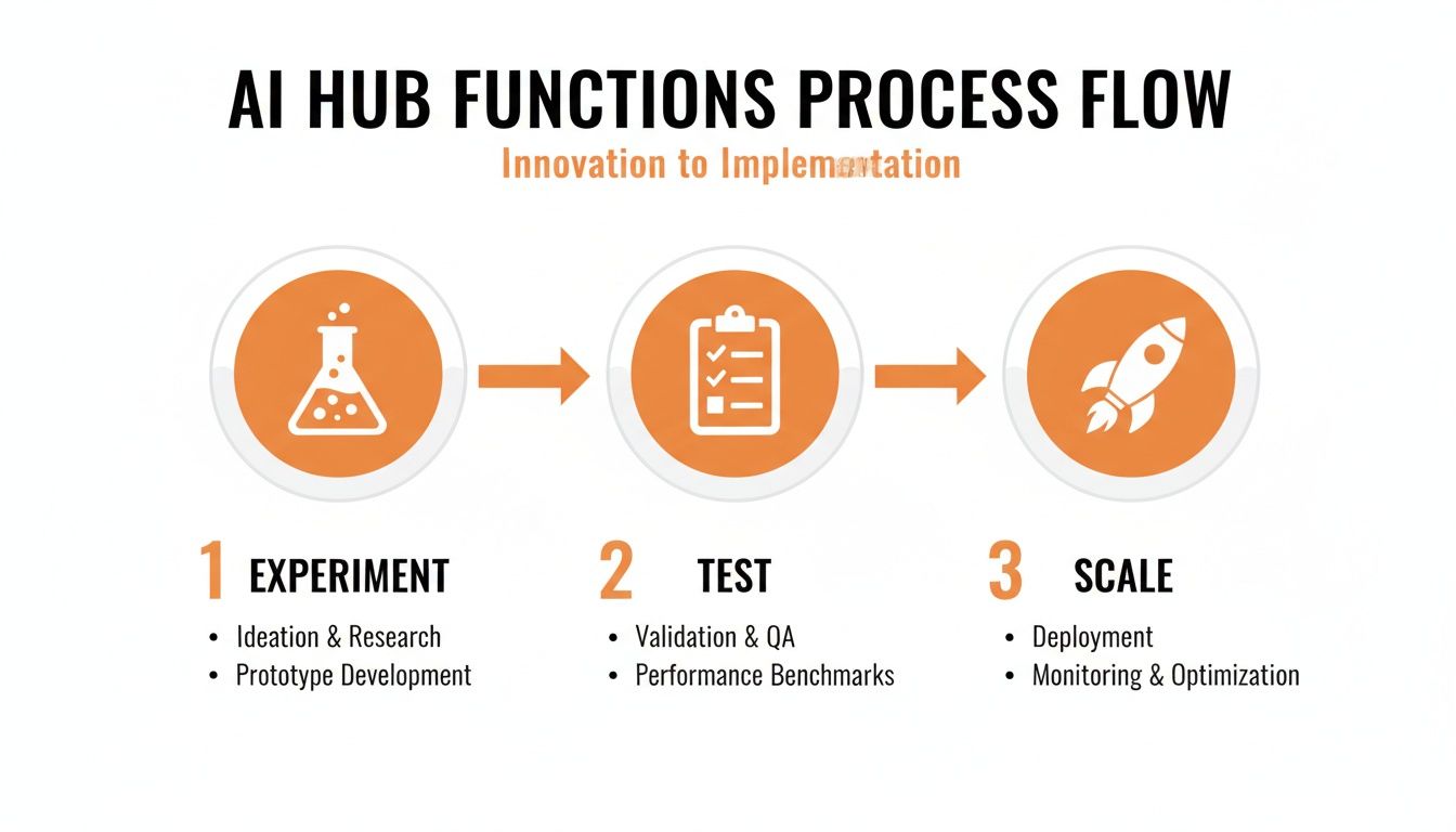 AI Hub functions process flow showing innovation to implementation steps: experiment, test, and scale.
