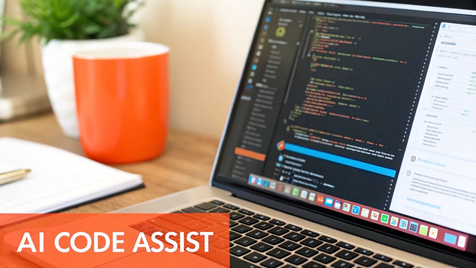 A laptop displaying code with 'AI CODE ASSIST' text on a desk, next to an orange mug and a plant.