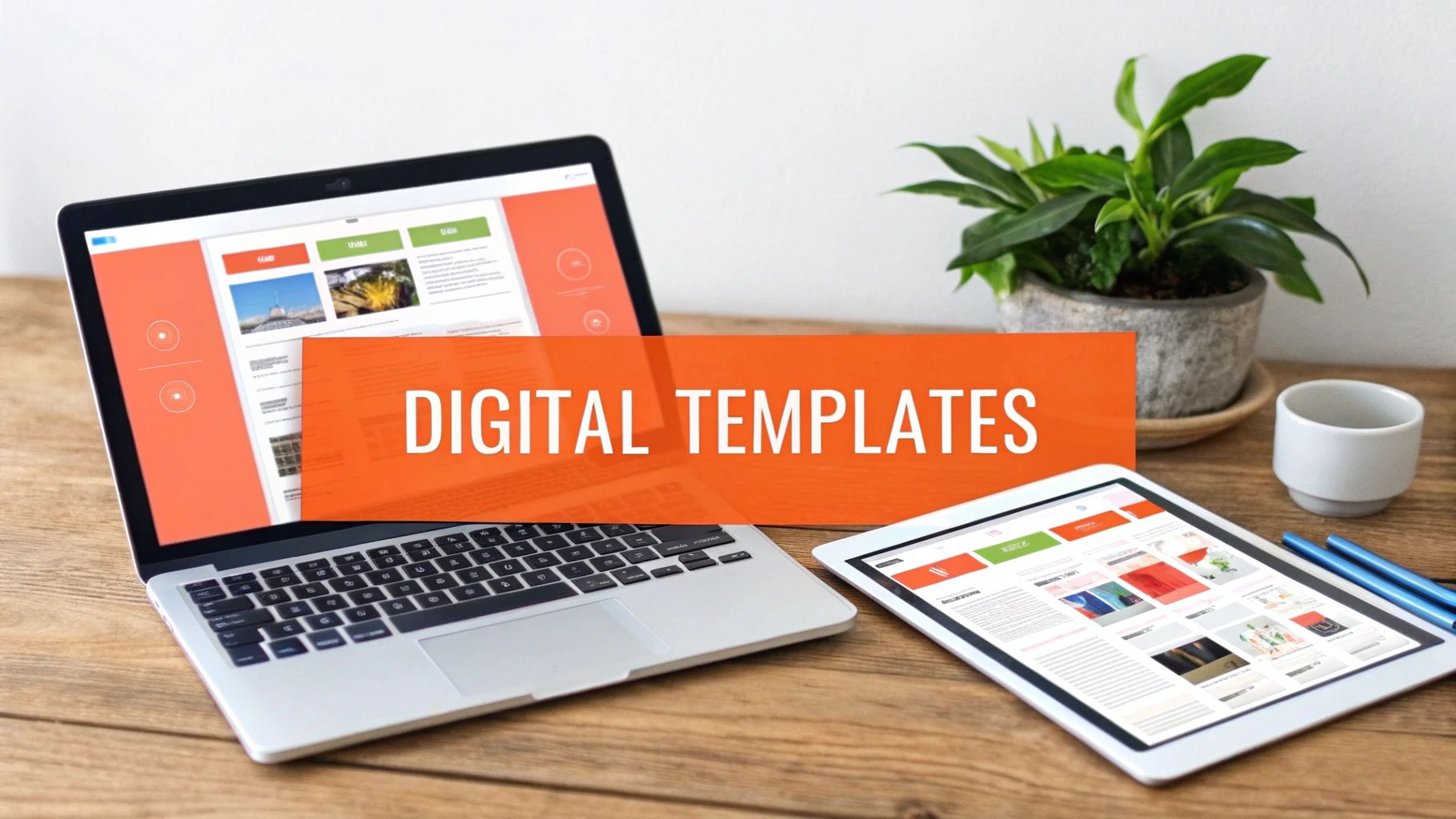 An assortment of digital product mockups including an e-book, a planner, and templates on a laptop screen.