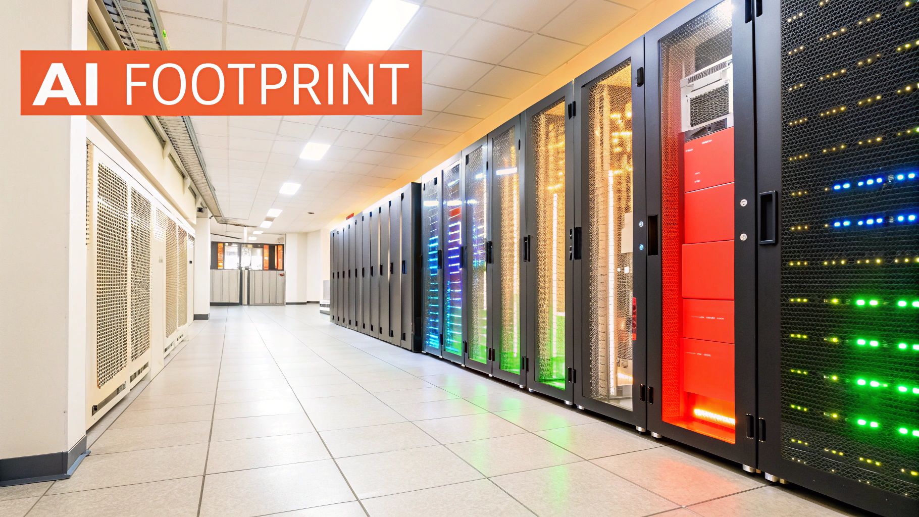 A futuristic data centre with glowing servers and complex wiring, representing the energy-intensive infrastructure behind AI.