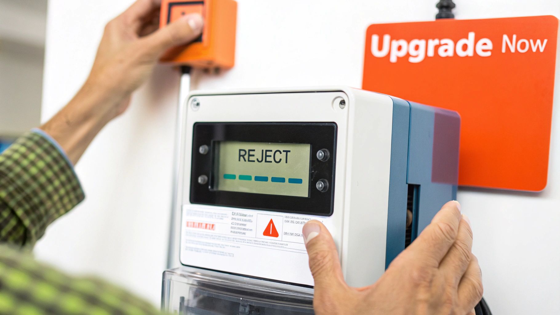 A close-up of a modern prepaid electricity meter mounted on a wall.