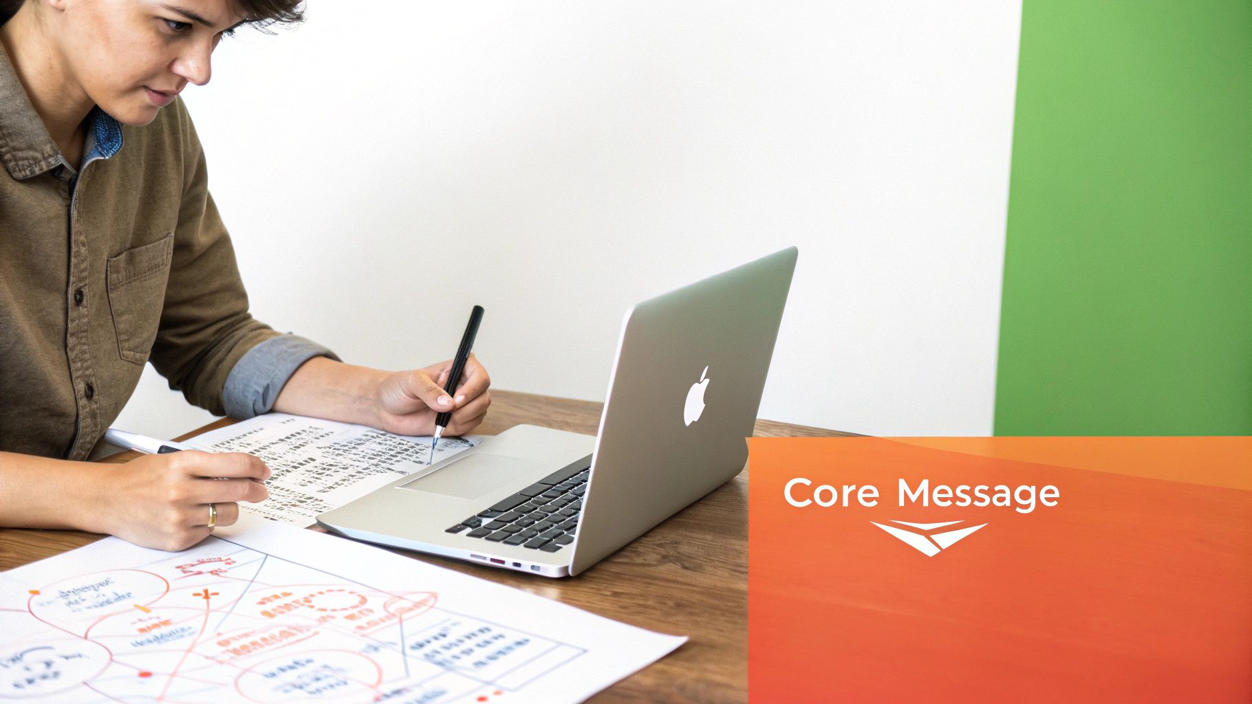A person at a desk using a mind map to brainstorm ideas for their manifesto, with sticky notes and a laptop.