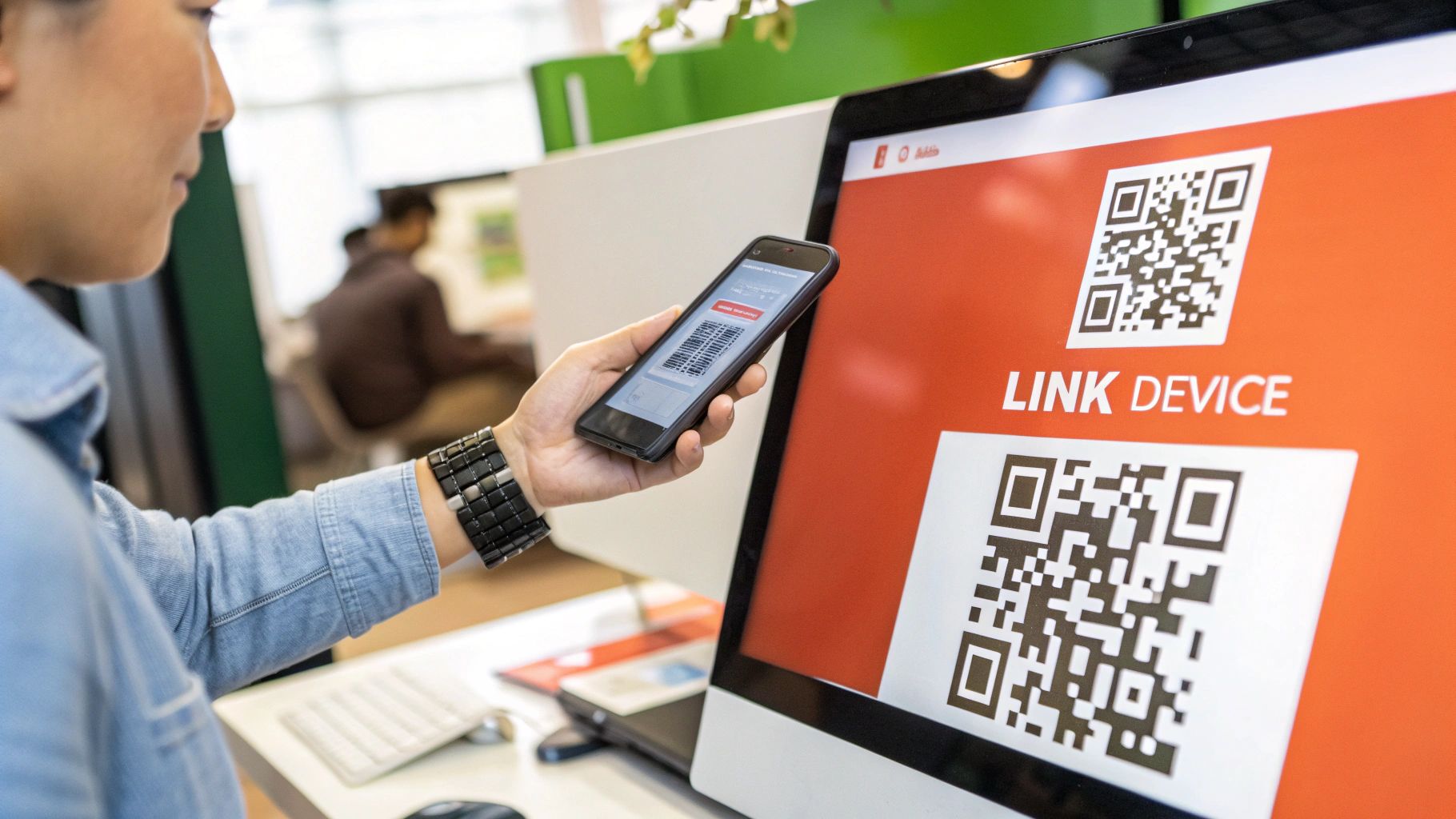 A close-up of a smartphone screen showing the camera view as it successfully scans a QR code displayed on a laptop screen for WhatsApp Web.