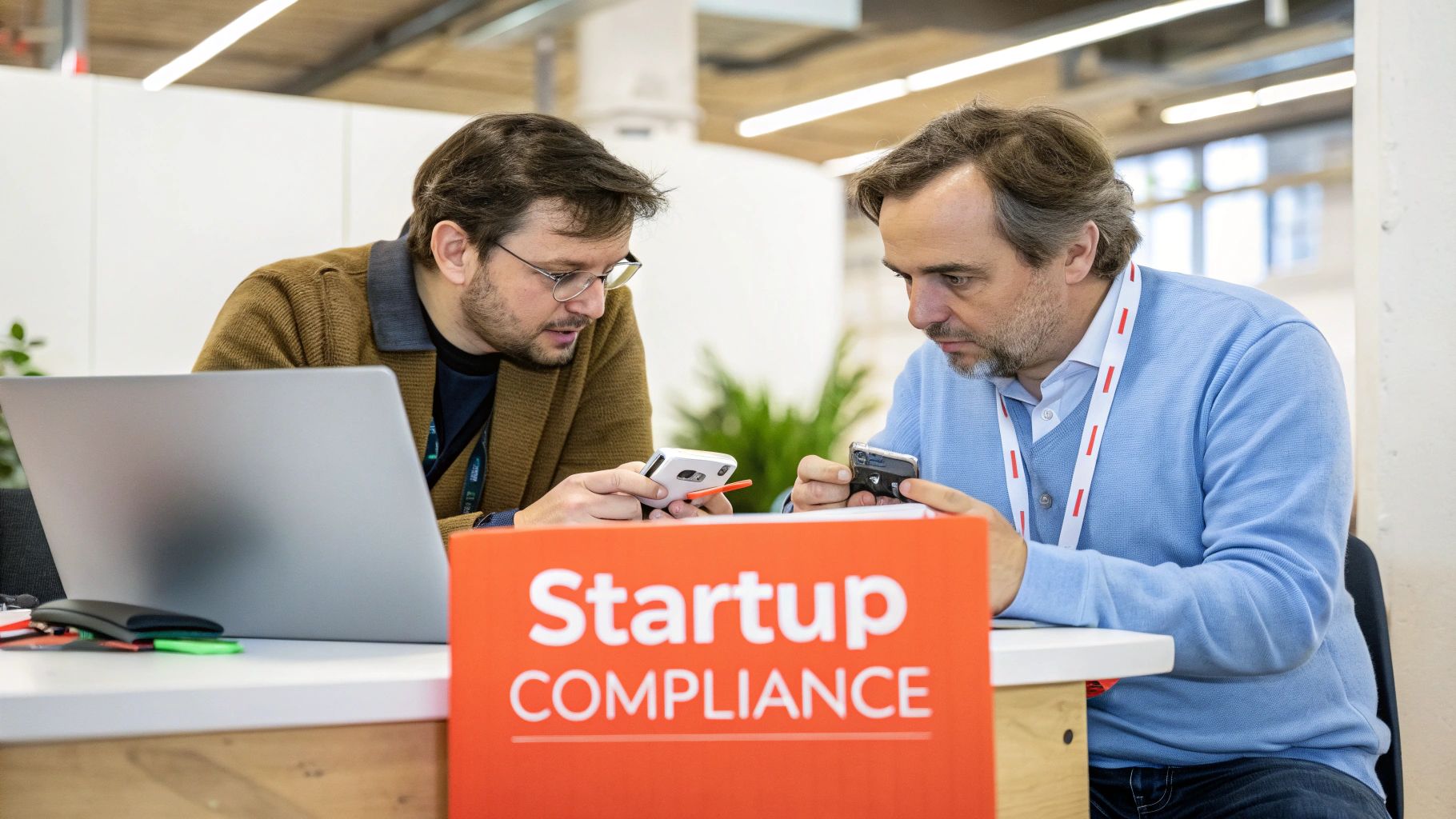 Two professionals using smartphones and a laptop at a table with a "Startup COMPLIANCE" sign.