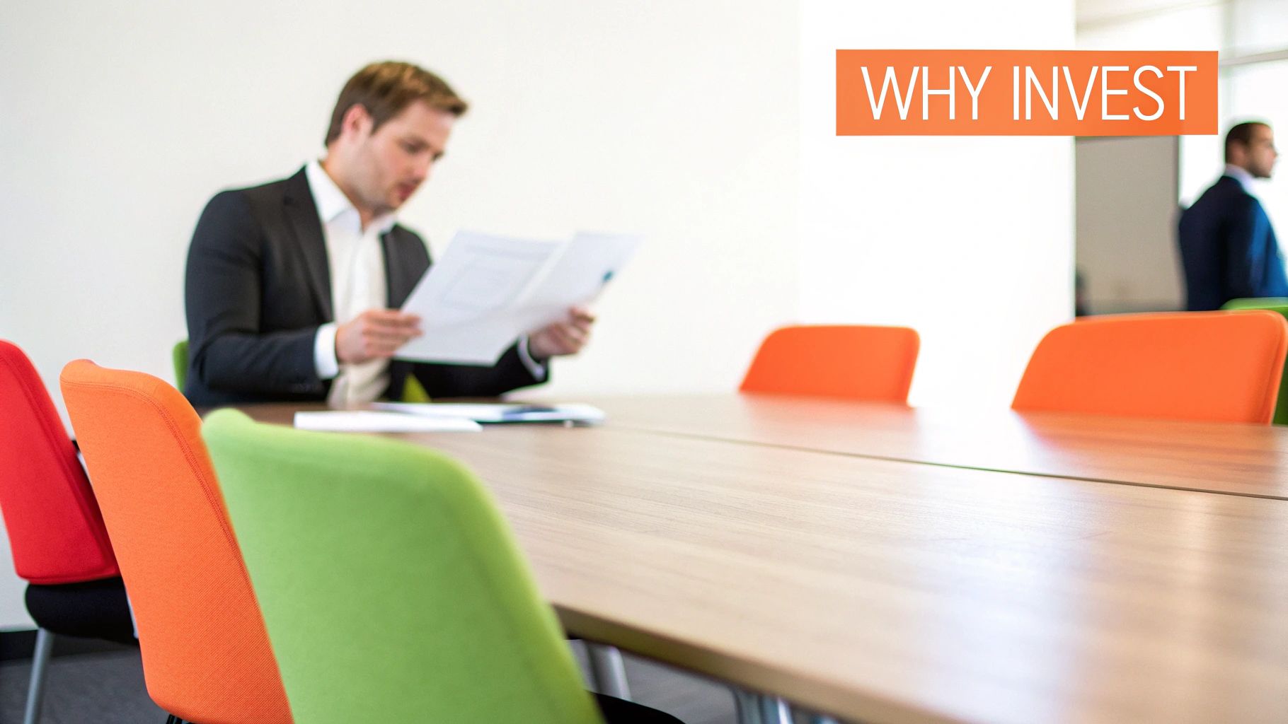 A group of diverse business professionals collaborating around a table, reviewing documents and charts.