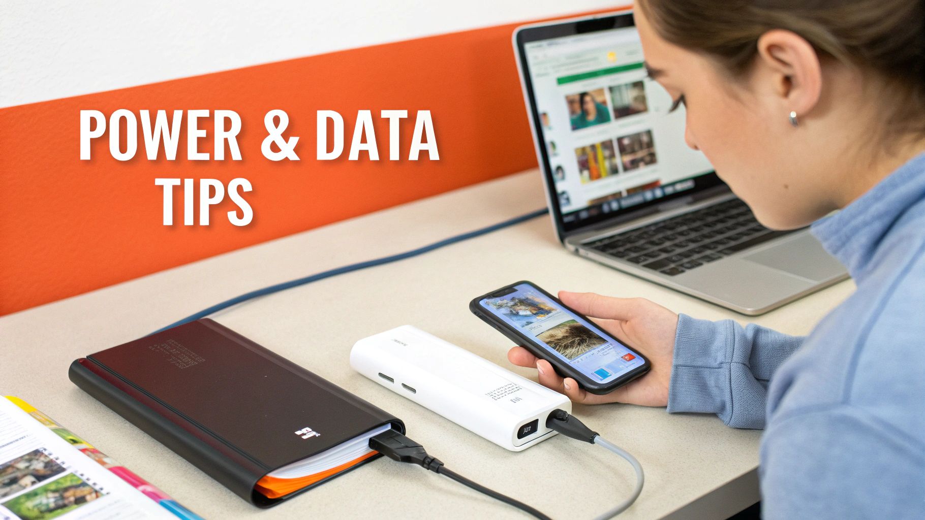 A student works on a laptop next to a power bank, illustrating a practical solution to power issues.