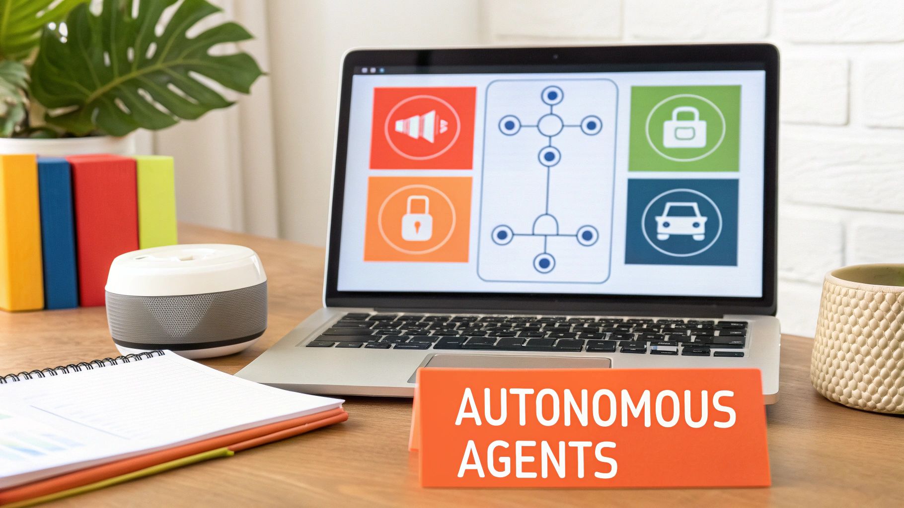 A laptop displaying a diagram of autonomous agents and smart device icons, with an 'AUTONOMOUS AGENTS' sign on the desk.
