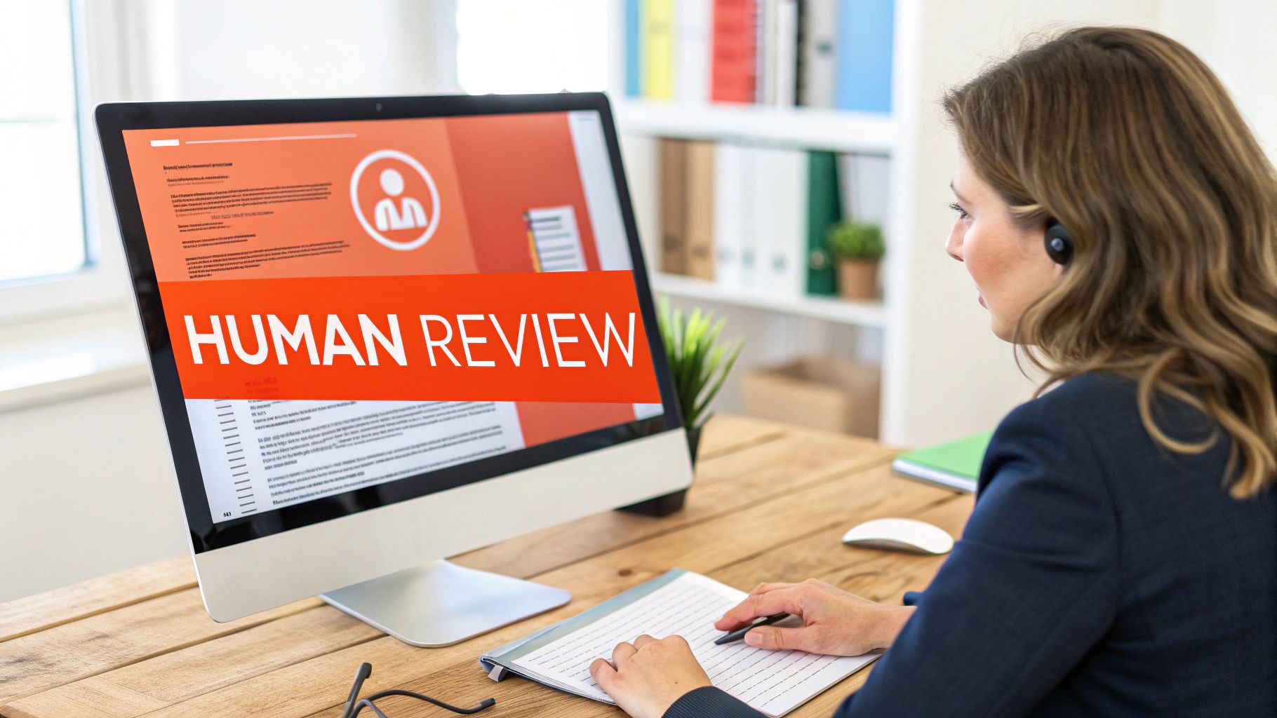 A woman with an earpiece intently reviews a document on a computer screen labeled 'HUMAN REVIEW' and writes notes.