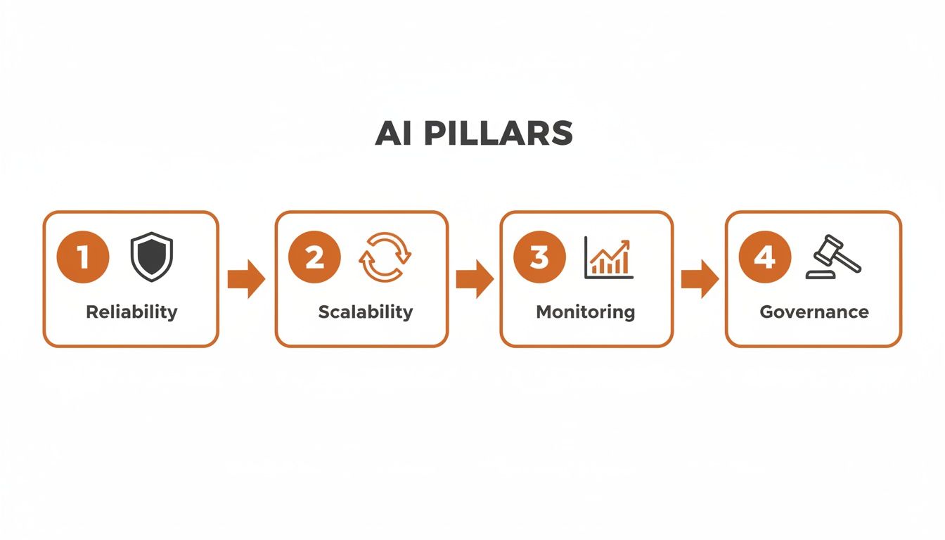 A four-step diagram illustrating AI Pillars: Reliability, Scalability, Monitoring, and Governance.